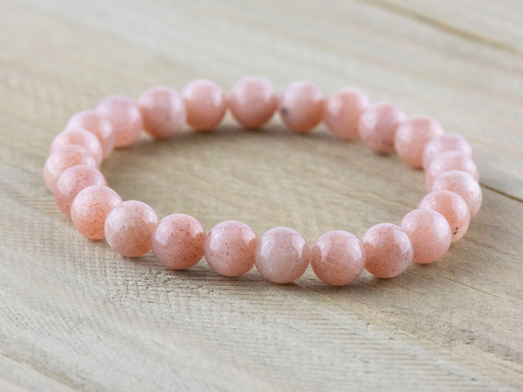 Pink Flake Moonstone Smooth Round Beaded Stretch Bracelet, Unisex Semi-Precious Stone Jewelry, Handmade Natural Gemstone Fashion Accessories