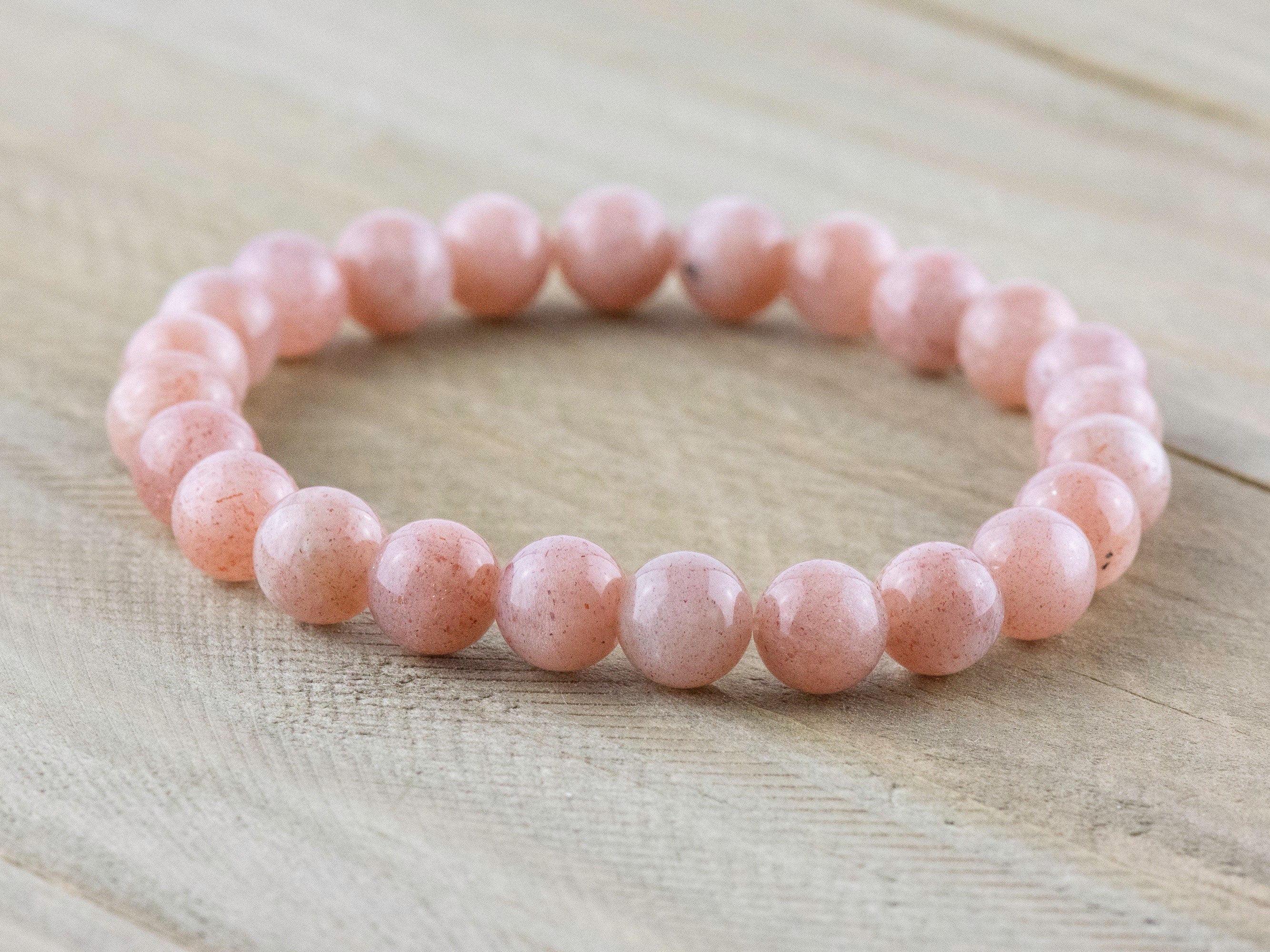 Pink Flake Moonstone Smooth Round Beaded Stretch Bracelet, Unisex Semi-Precious Stone Jewelry, Handmade Natural Gemstone Fashion Accessories