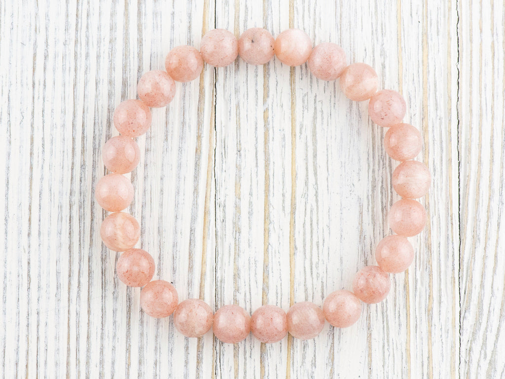 Pink Flake Moonstone Smooth Round Beaded Stretch Bracelet, Unisex Semi-Precious Stone Jewelry, Handmade Natural Gemstone Fashion Accessories
