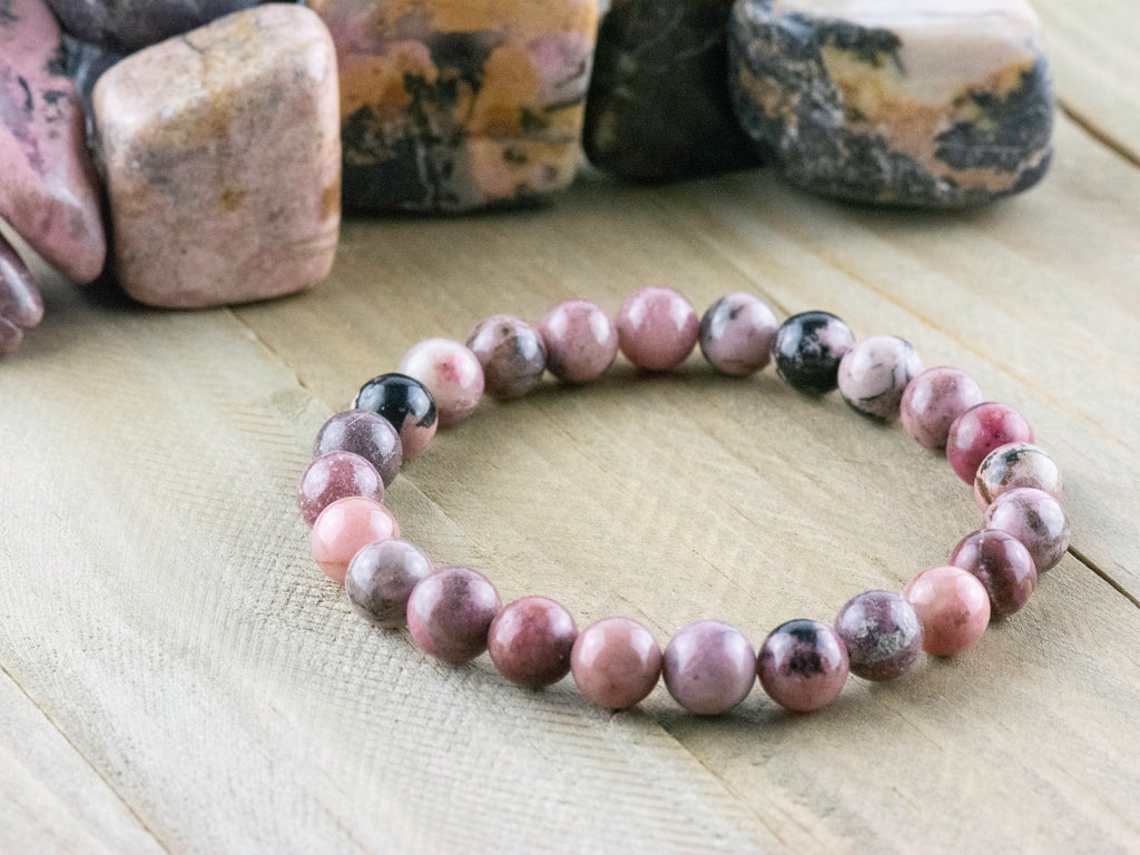 Rhodonite Smooth Round Beaded Stretch Bracelet, Simple Unisex Semi-Precious Stone Jewelry, Handmade Natural Gemstone Fashion Accessories