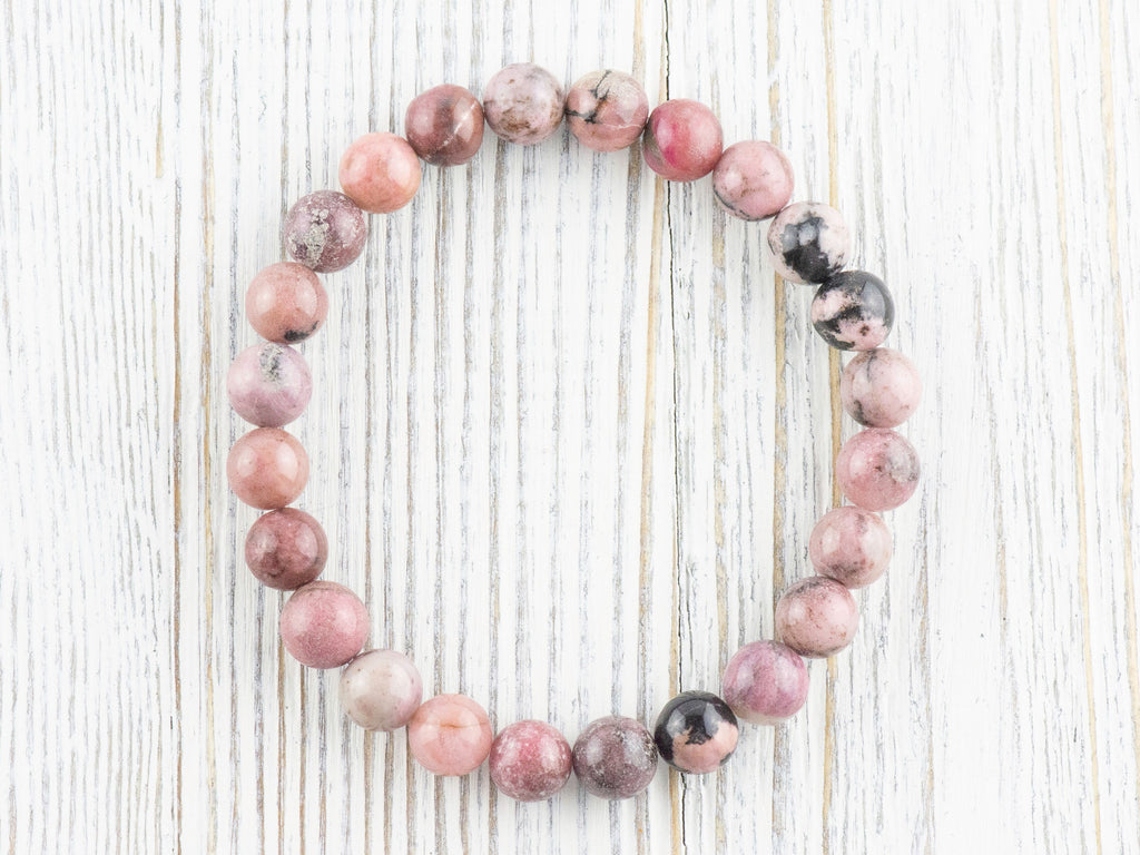 Rhodonite Smooth Round Beaded Stretch Bracelet, Simple Unisex Semi-Precious Stone Jewelry, Handmade Natural Gemstone Fashion Accessories