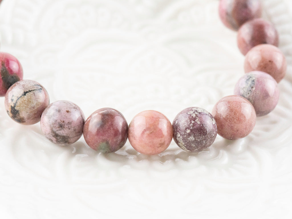 Rhodonite Smooth Round Beaded Stretch Bracelet, Simple Unisex Semi-Precious Stone Jewelry, Handmade Natural Gemstone Fashion Accessories