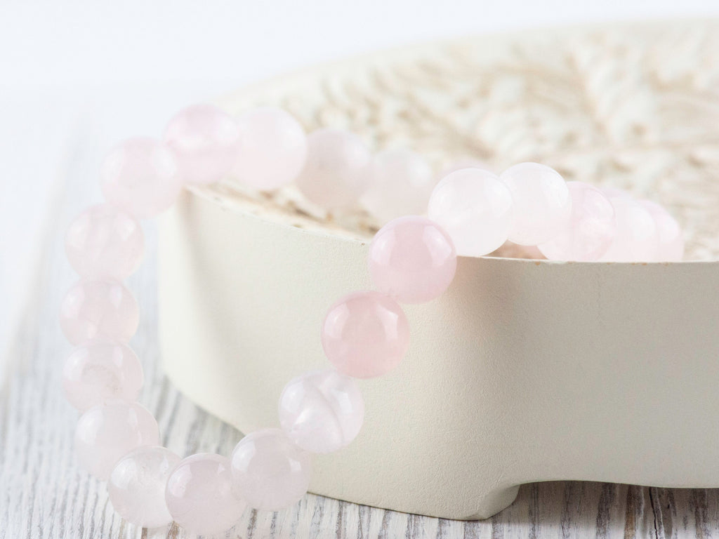 Rose Quartz Smooth Round Beaded Stretch Bracelet, Simple Unisex Semi-Precious Stone Jewelry, Handmade Natural Gemstone Fashion Accessories