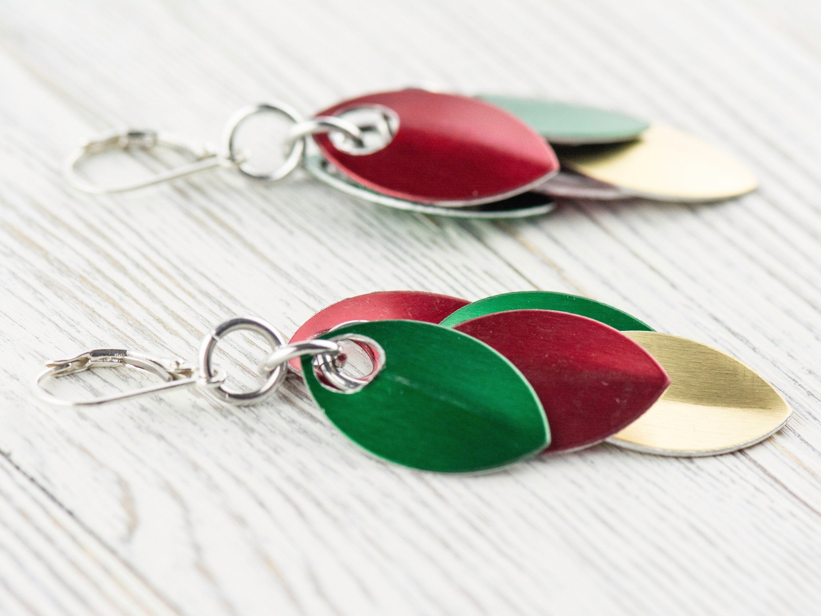 Red, Green and Gold Christmas Earrings, Handmade Sterling Silver Earrings, Holiday Jewelry
