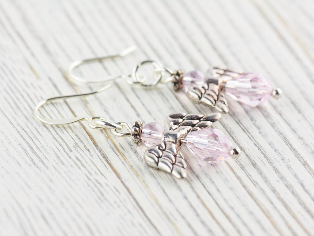 Pink Christmas Angel Earrings, Handmade Silver Plated Earrings, Angel Jewelry