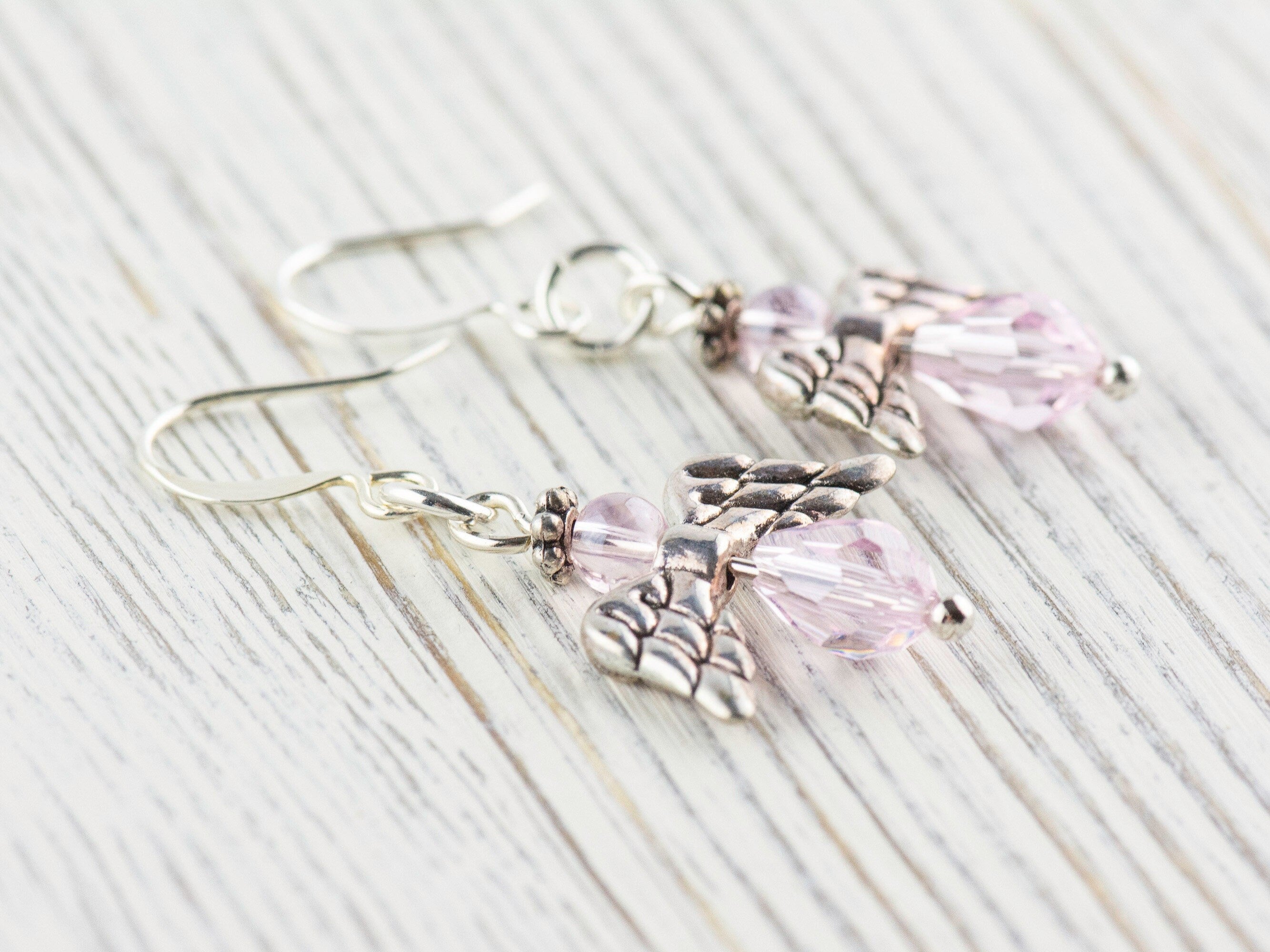 Pink Christmas Angel Earrings, Handmade Silver Plated Earrings, Angel Jewelry