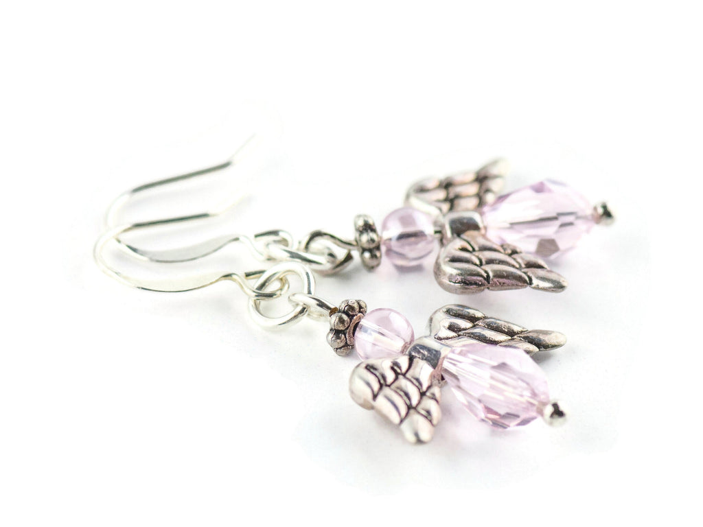 Pink Christmas Angel Earrings, Handmade Silver Plated Earrings, Angel Jewelry