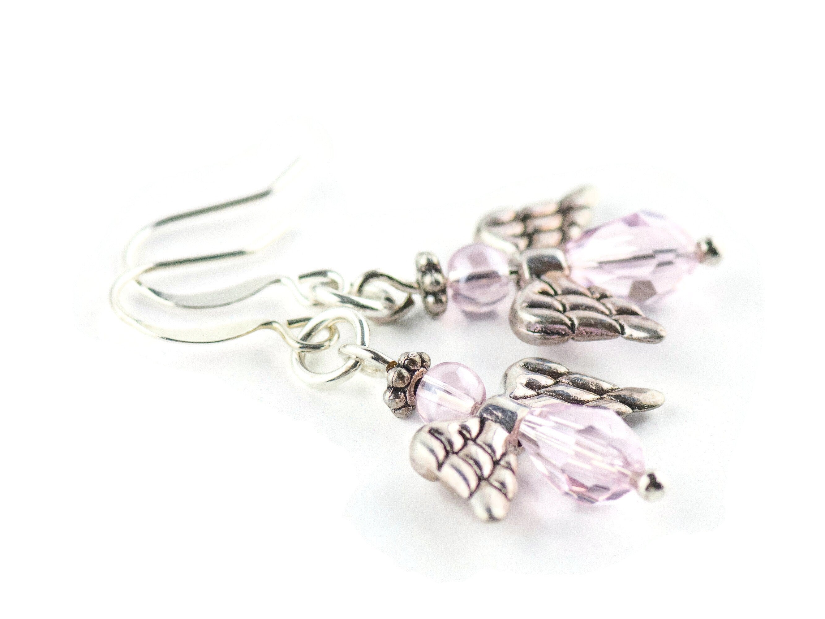 Pink Christmas Angel Earrings, Handmade Silver Plated Earrings, Angel Jewelry