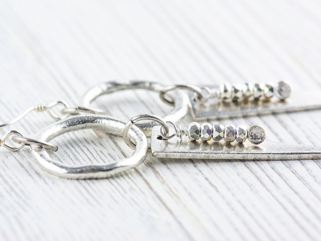 Silver Dangle Geometric Hoop Earrings • Handmade Jewelry • Dangly Triangles • Unique Statement Earrings • Jewelry Gift for Her
