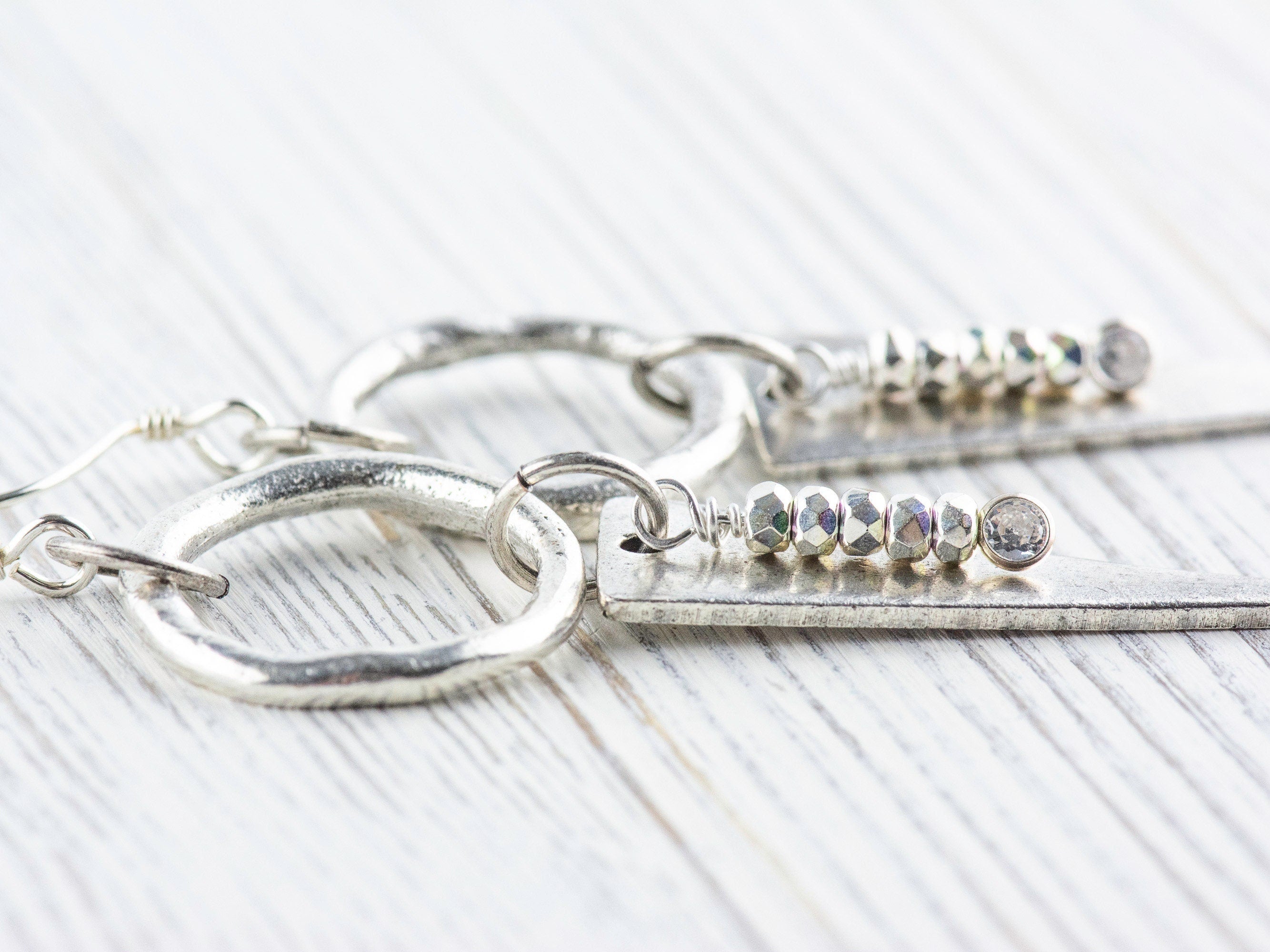 Silver Dangle Geometric Hoop Earrings • Handmade Jewelry • Dangly Triangles • Unique Statement Earrings • Jewelry Gift for Her