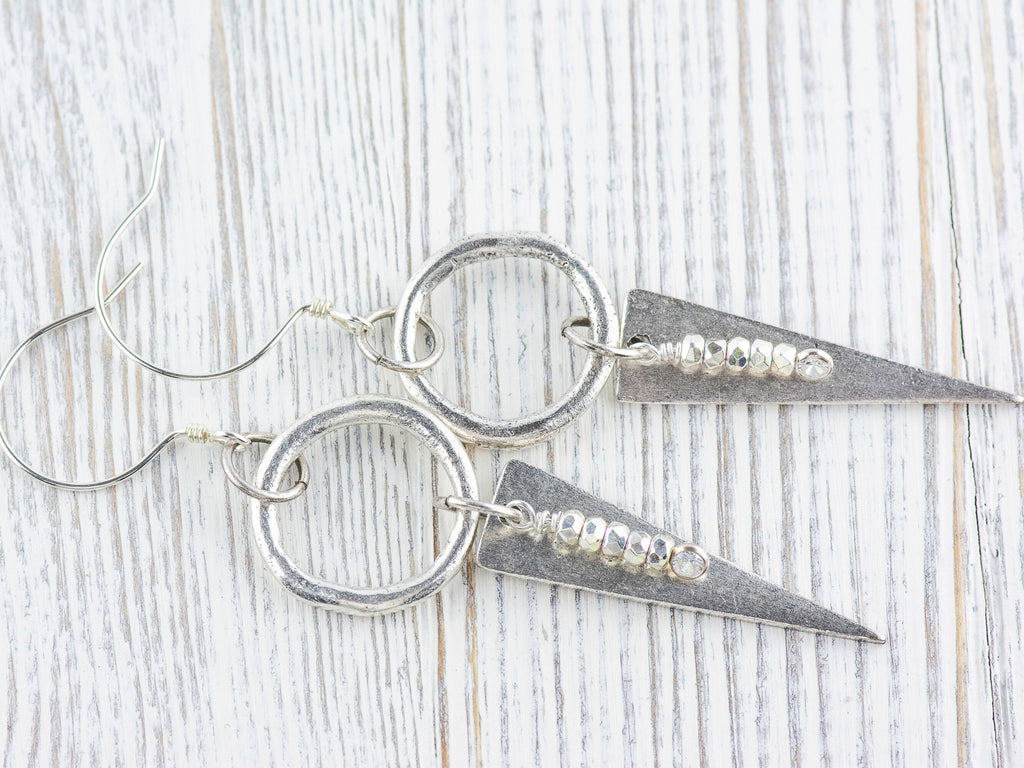 Silver Dangle Geometric Hoop Earrings • Handmade Jewelry • Dangly Triangles • Unique Statement Earrings • Jewelry Gift for Her