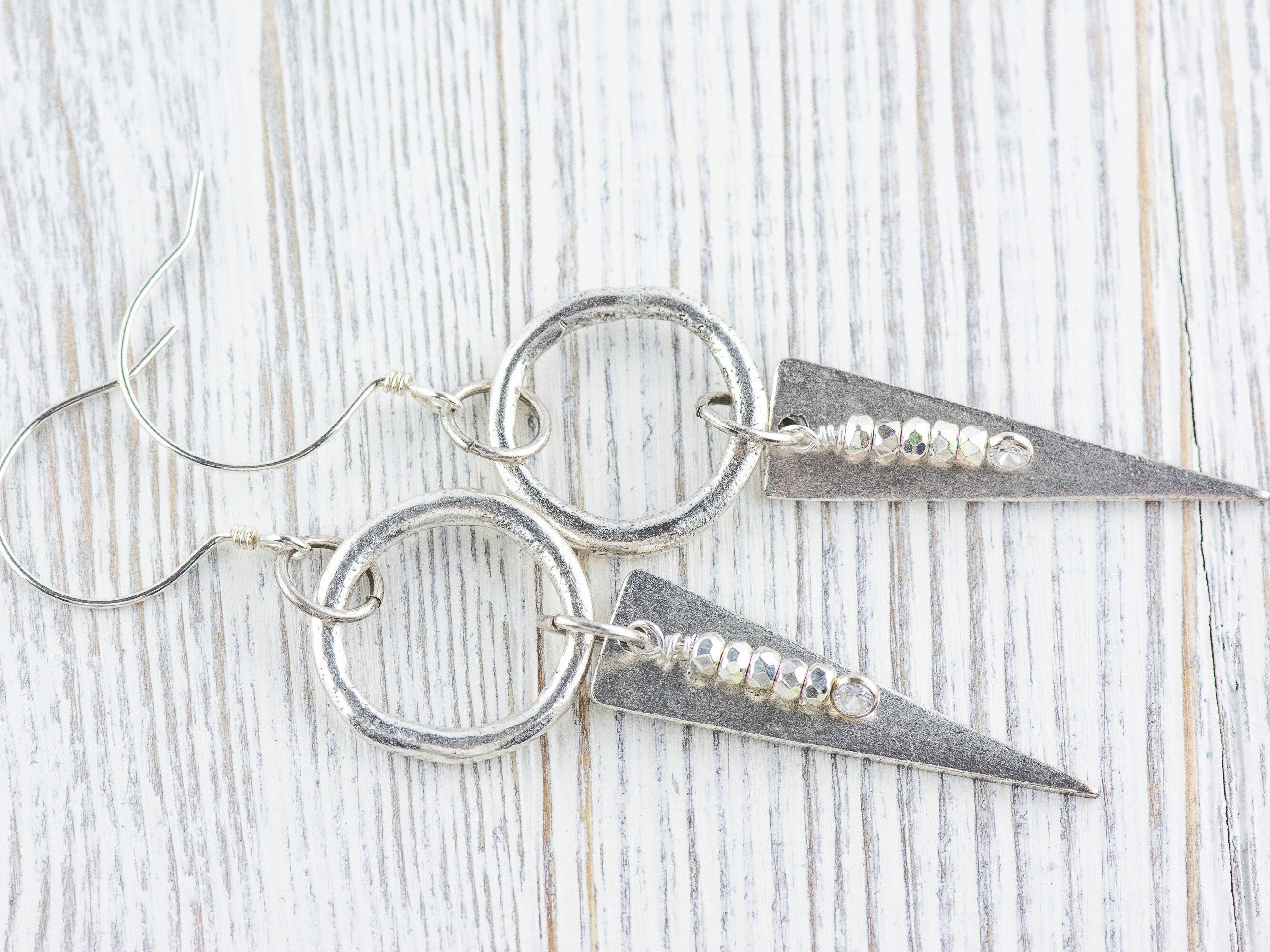 Silver Dangle Geometric Hoop Earrings • Handmade Jewelry • Dangly Triangles • Unique Statement Earrings • Jewelry Gift for Her