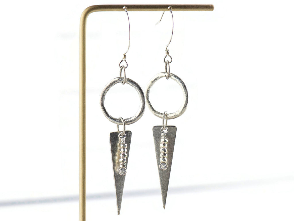 Silver Dangle Geometric Hoop Earrings • Handmade Jewelry • Dangly Triangles • Unique Statement Earrings • Jewelry Gift for Her