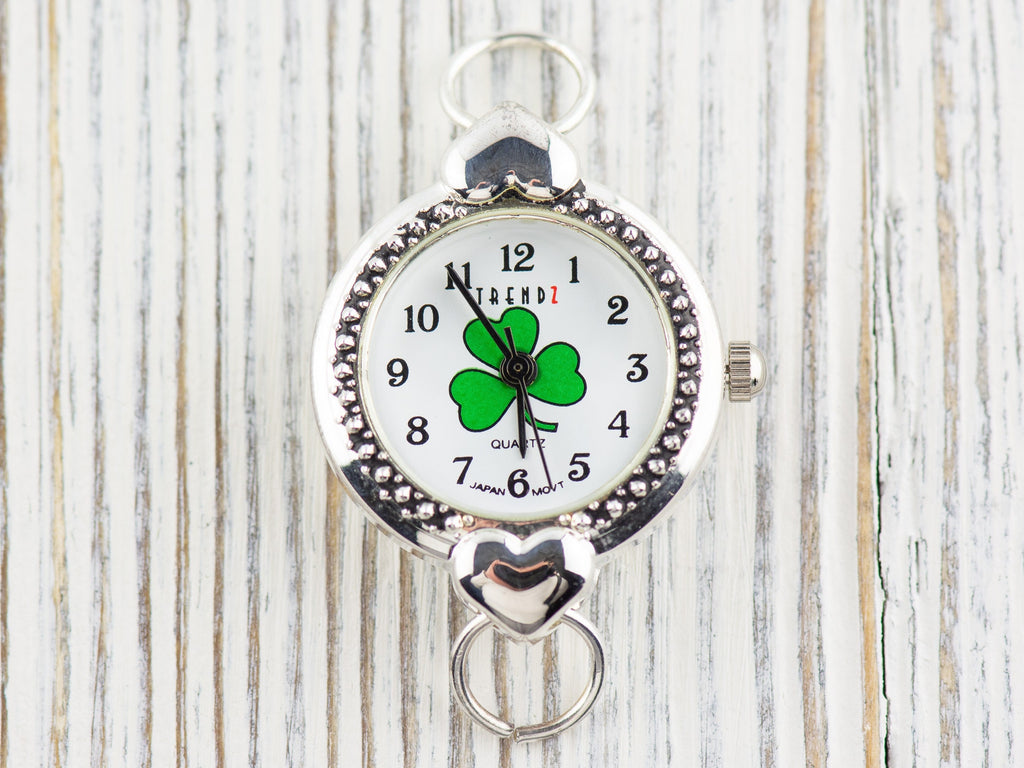 Green Shamrock White Dial Silvertone Round Watch Face with Hearts • DIY Beading Watch • Jewelry Making • Analog • Loops and Battery Included