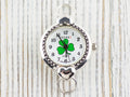 Green Shamrock White Dial Silvertone Round Watch Face with Hearts • DIY Beading Watch • Jewelry Making • Analog • Loops and Battery Included