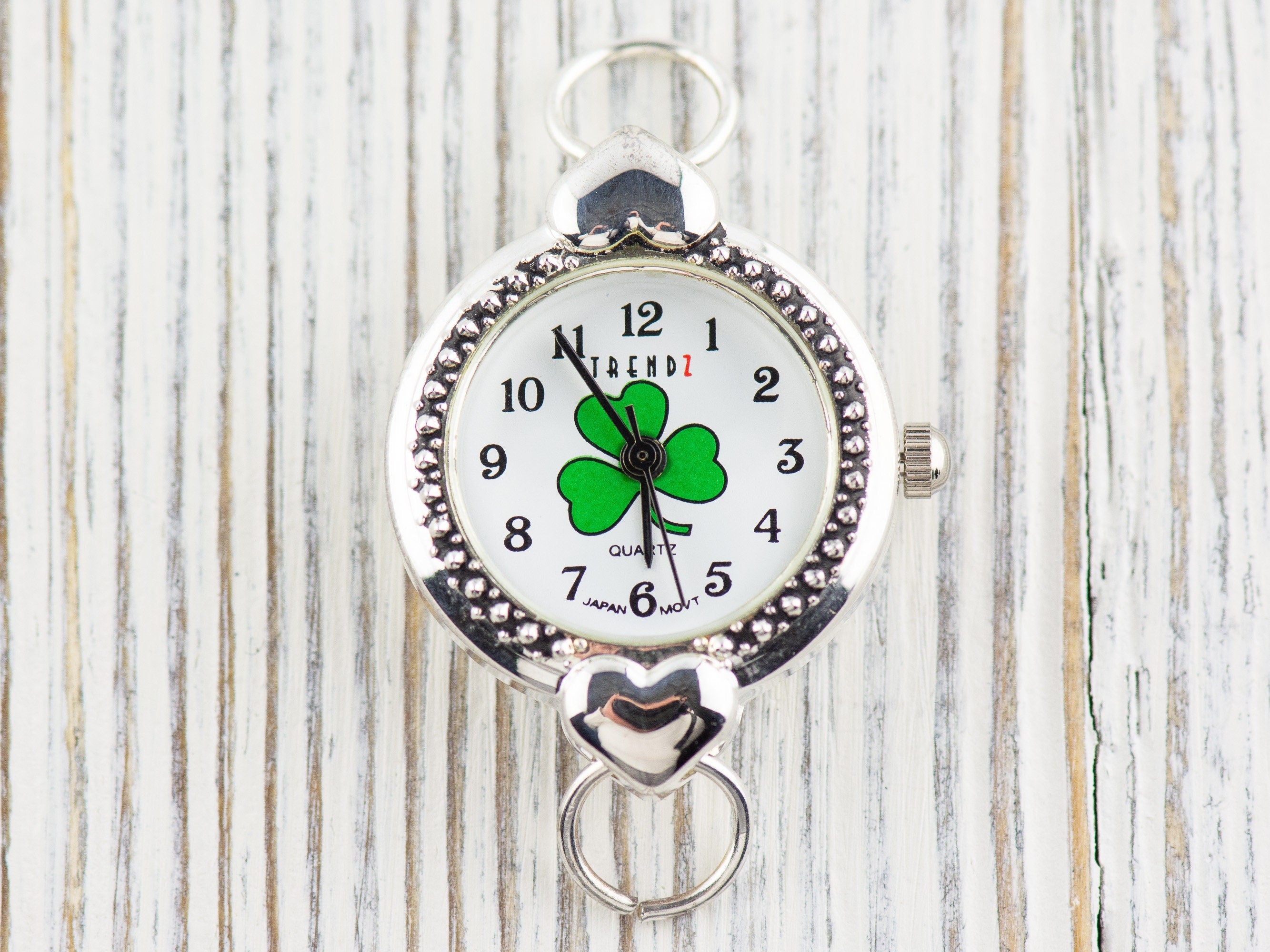 Green Shamrock White Dial Silvertone Round Watch Face with Hearts • DIY Beading Watch • Jewelry Making • Analog • Loops and Battery Included