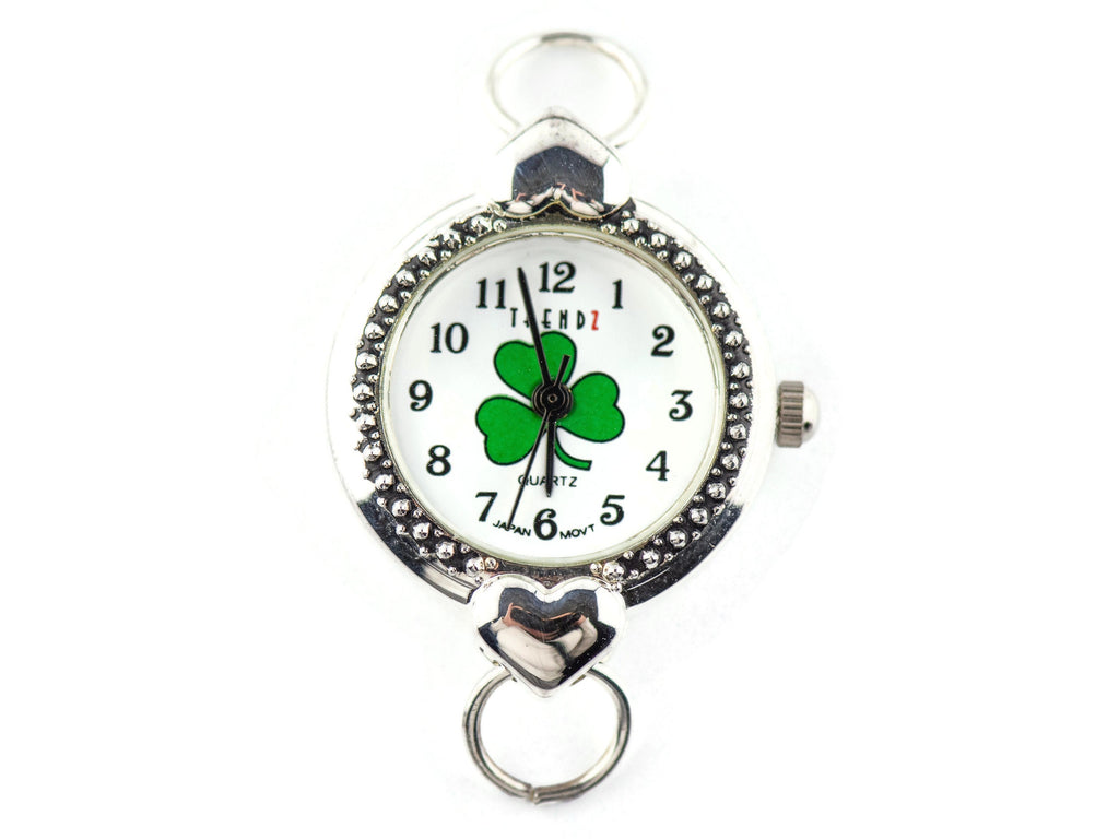 Green Shamrock White Dial Silvertone Round Watch Face with Hearts • DIY Beading Watch • Jewelry Making • Analog • Loops and Battery Included