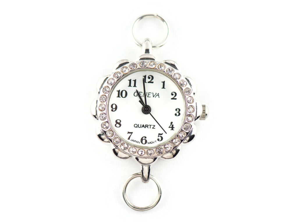 White Dial Rhinestone-Studded Silvertone Flower Watch Face • DIY Beading Watch • Jewelry Making • Analog • Loops and Battery Included