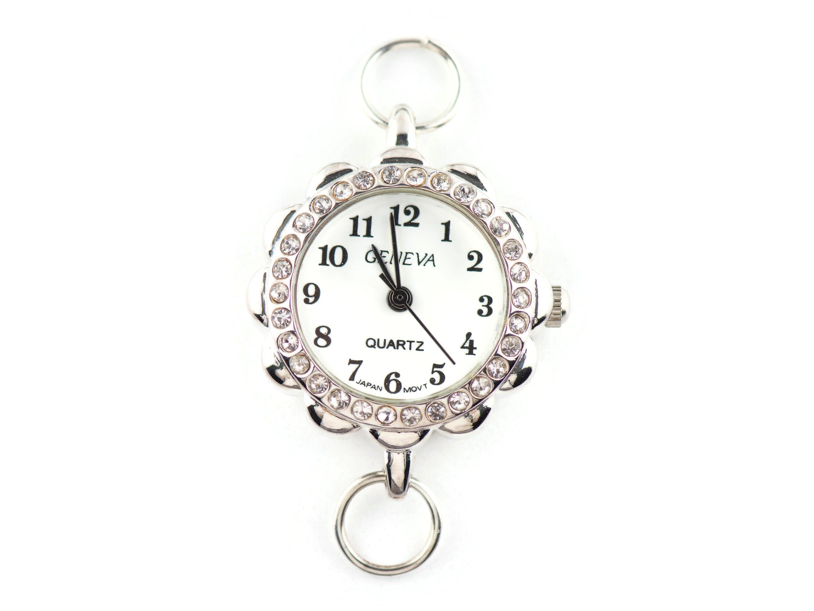 White Dial Rhinestone-Studded Silvertone Flower Watch Face • DIY Beading Watch • Jewelry Making • Analog • Loops and Battery Included