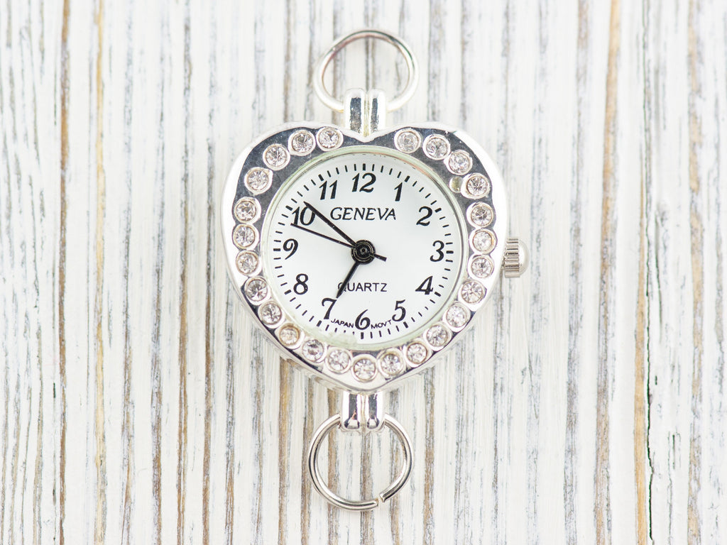 Heart-Shape Rhinestone-Studded Silvertone Watch Face • White Dial • DIY Beading Watch • Jewelry Making • Analog • Loops and Battery Included