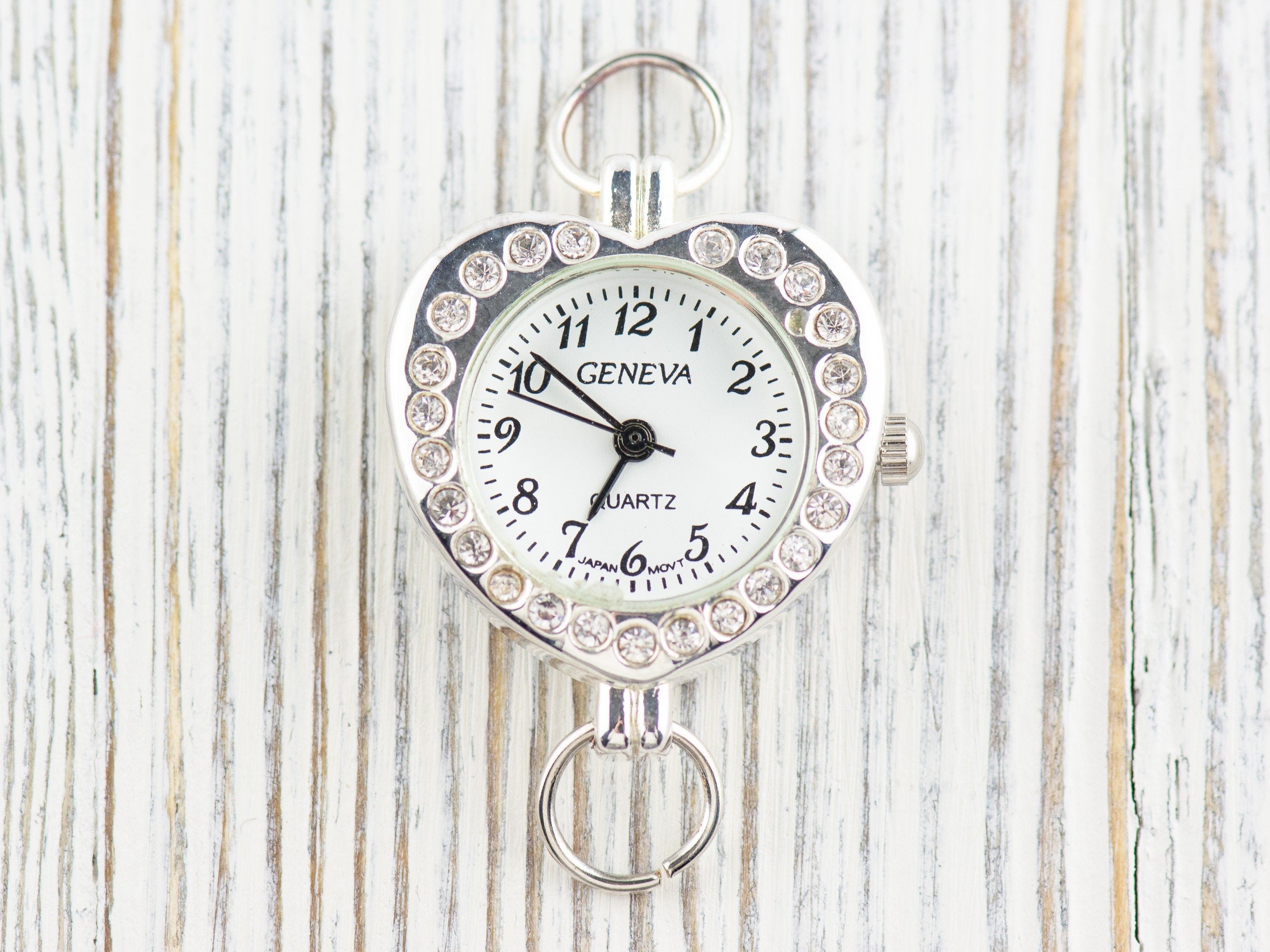 Heart-Shape Rhinestone-Studded Silvertone Watch Face • White Dial • DIY Beading Watch • Jewelry Making • Analog • Loops and Battery Included