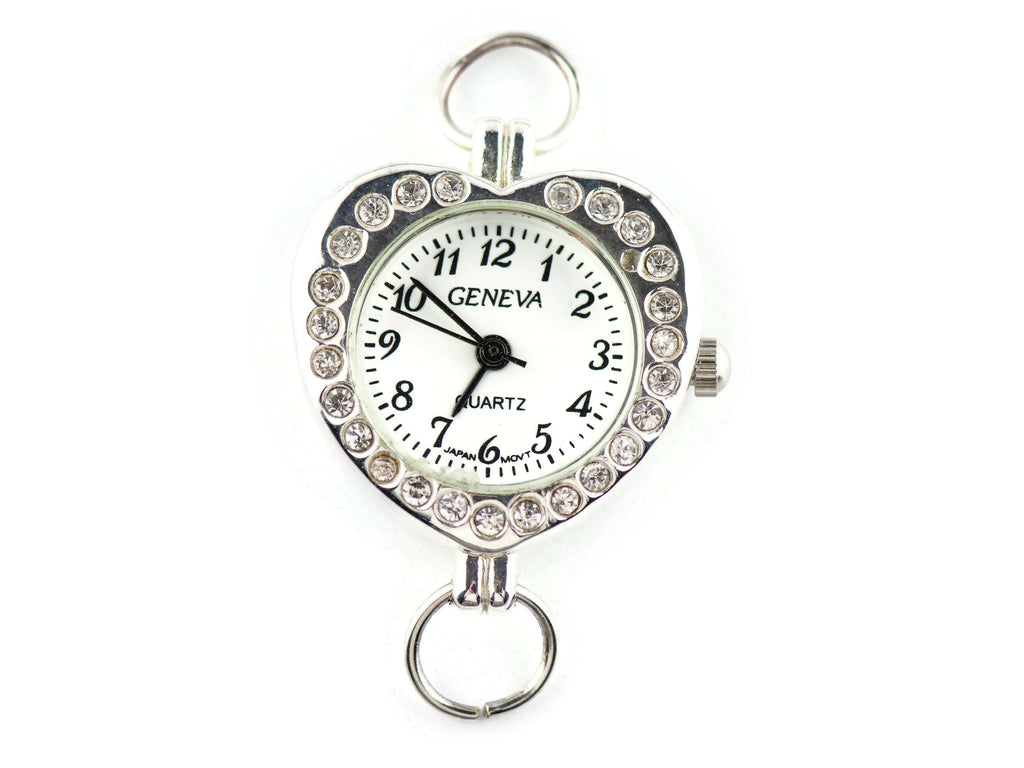 Heart-Shape Rhinestone-Studded Silvertone Watch Face • White Dial • DIY Beading Watch • Jewelry Making • Analog • Loops and Battery Included