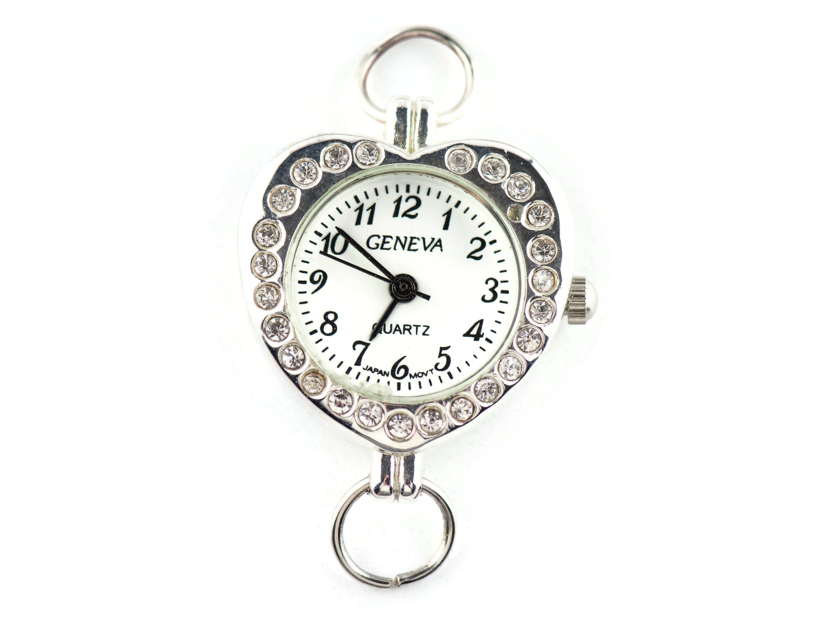 Heart-Shape Rhinestone-Studded Silvertone Watch Face • White Dial • DIY Beading Watch • Jewelry Making • Analog • Loops and Battery Included