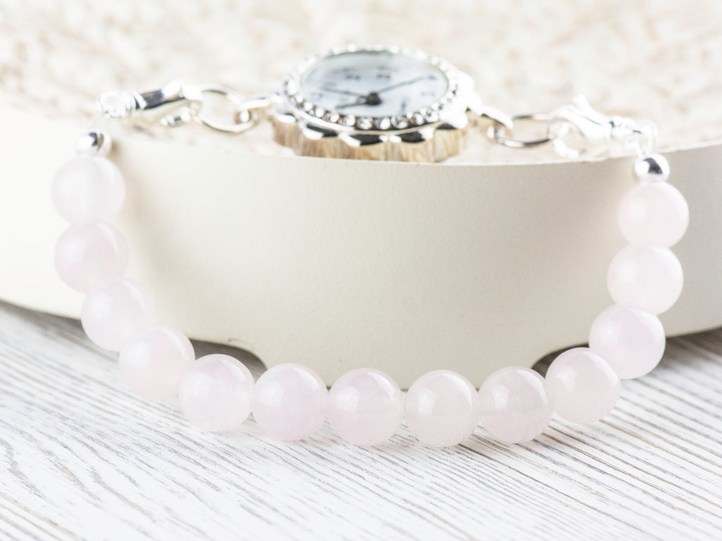 Rose Quartz Stretch Beaded Watch Band, Medical Alert Bracelet, Single Strand, Interchangeable, Handmade Jewelry