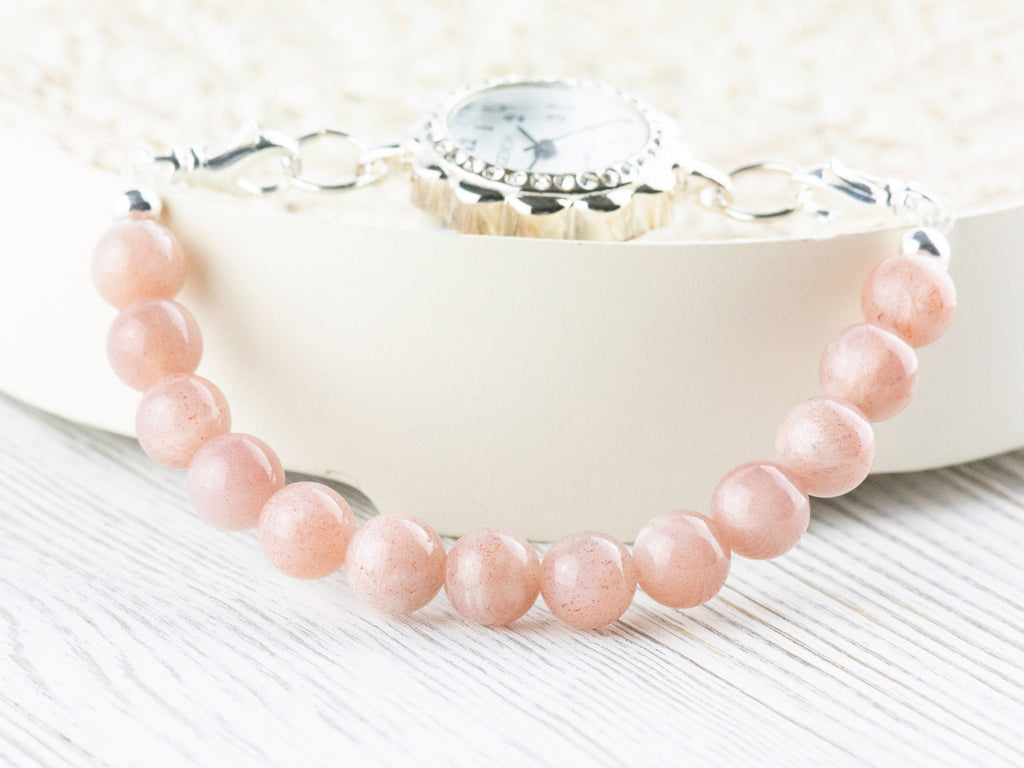 Pink Flake Moonstone Stretch Beaded Watch Band, Medical Alert Bracelet, Single Strand, Interchangeable, Handmade Jewelry