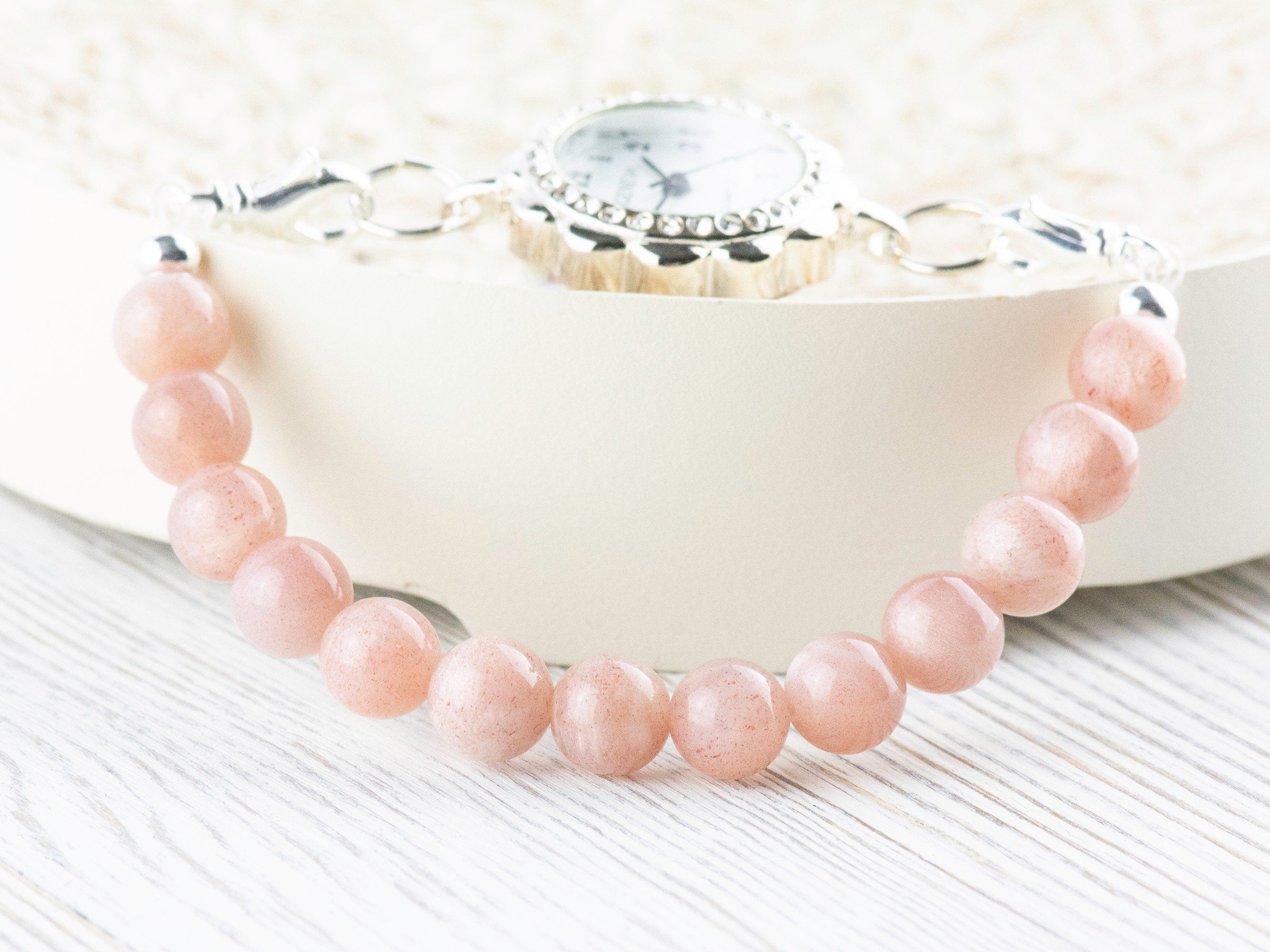 Pink Flake Moonstone Stretch Beaded Watch Band, Medical Alert Bracelet, Single Strand, Interchangeable, Handmade Jewelry