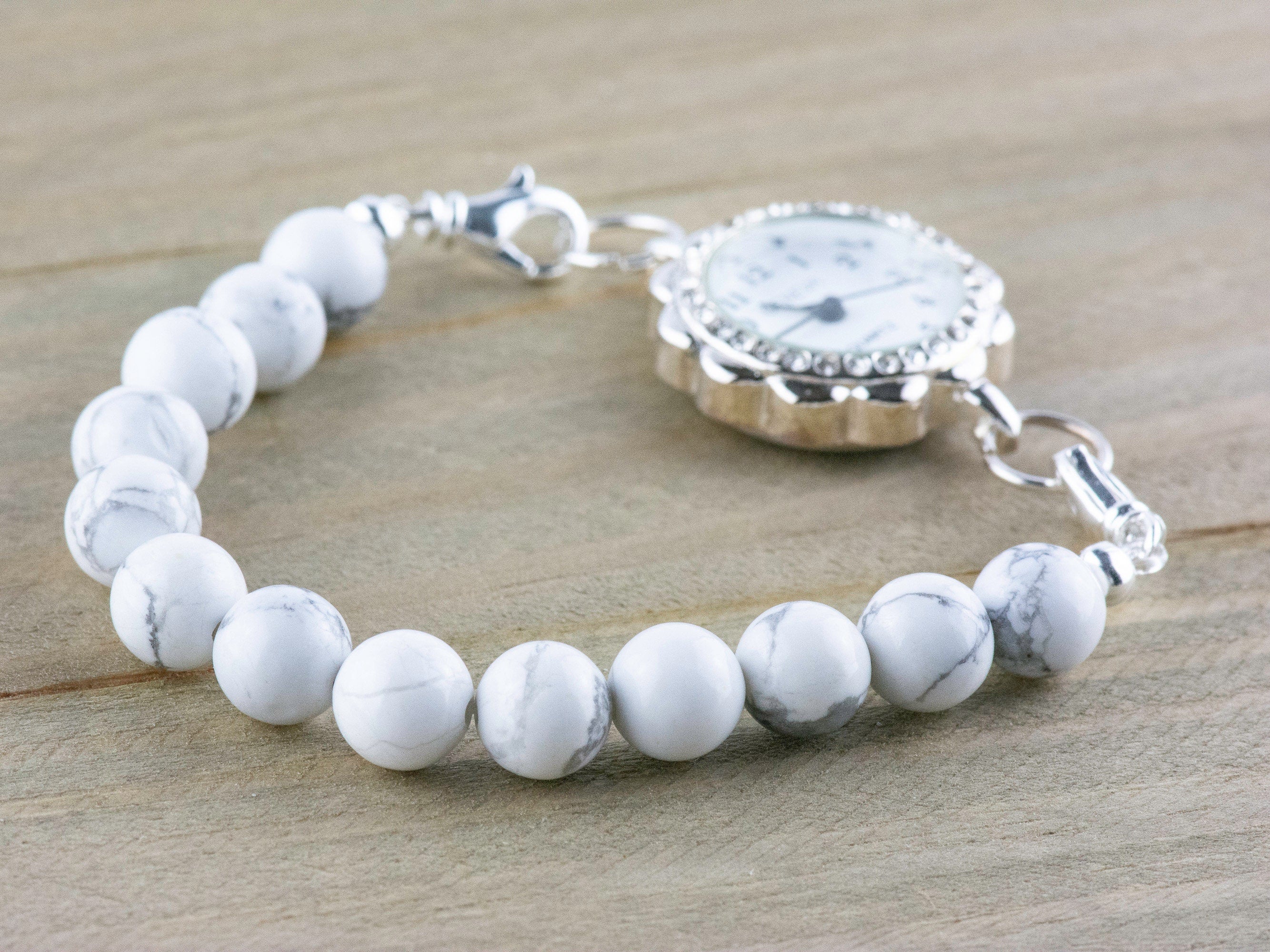 White Howlite Stretch Beaded Watch Band, Medical Alert Bracelet, Single Strand, Interchangeable, Handmade Jewelry