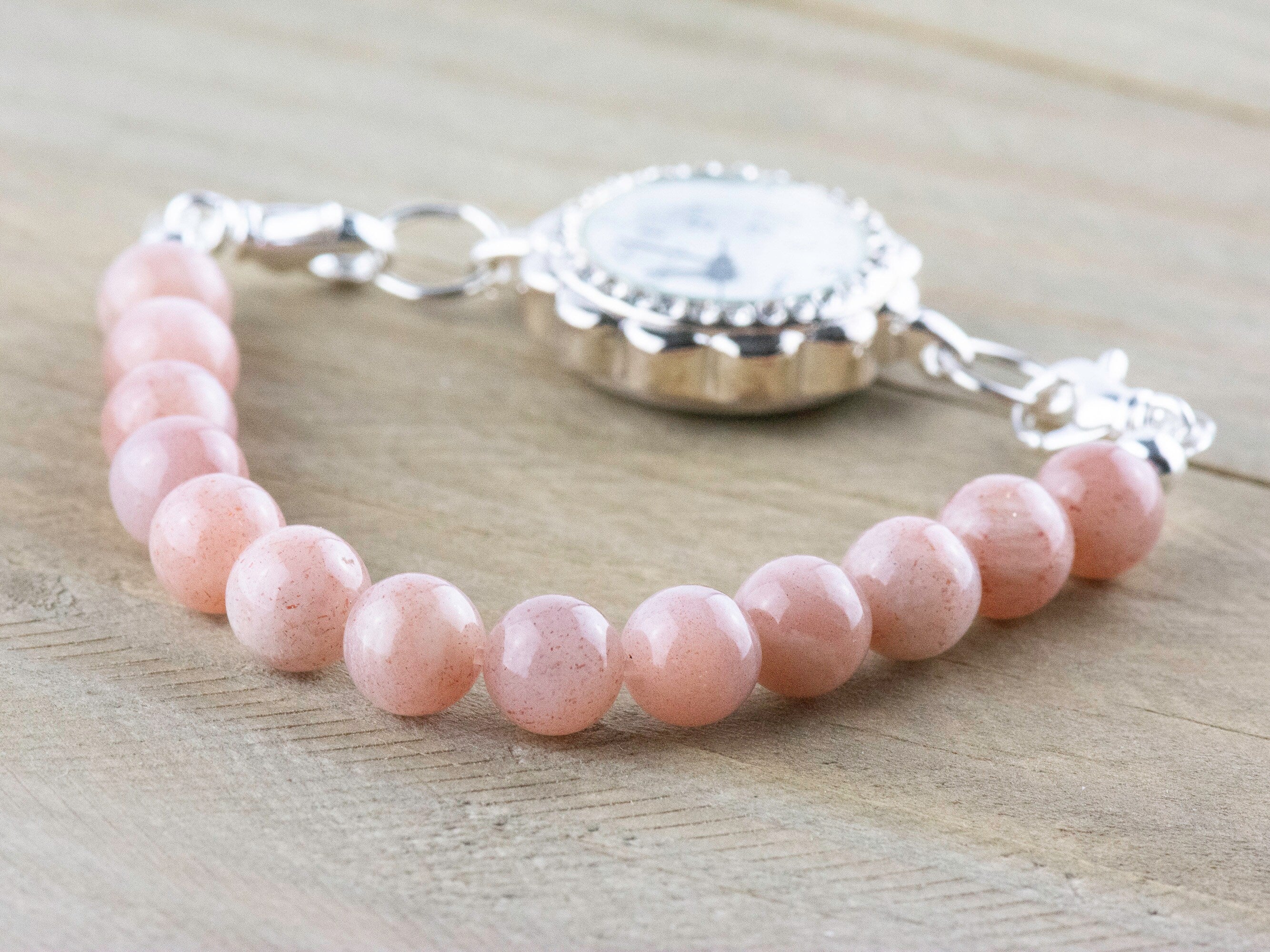 Pink Flake Moonstone Stretch Beaded Watch Band, Medical Alert Bracelet, Single Strand, Interchangeable, Handmade Jewelry