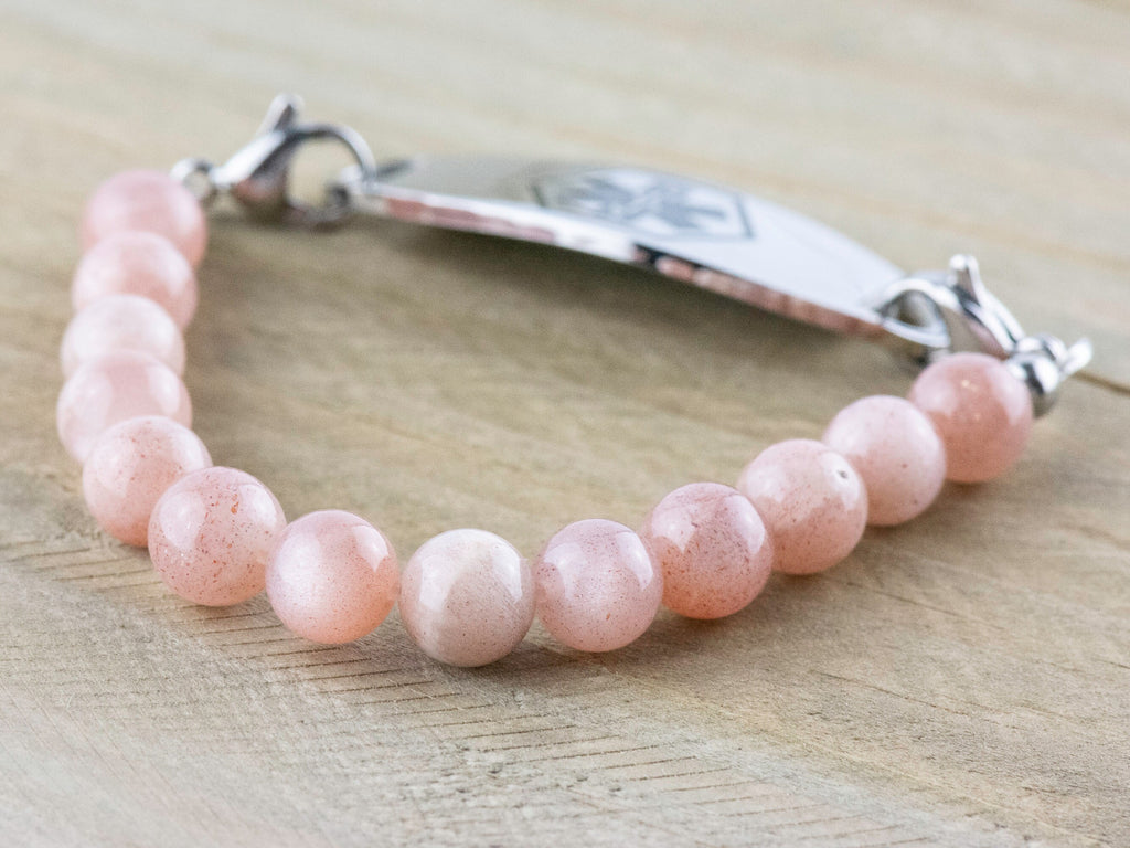 Pink Flake Moonstone Stretch Beaded Watch Band, Medical Alert Bracelet, Single Strand, Interchangeable, Handmade Jewelry