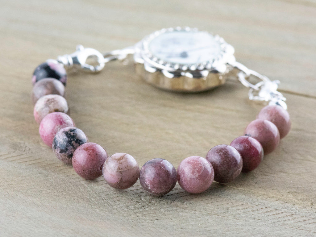 Rhodonite Stretch Beaded Watch Band, Medical Alert Bracelet, Single Strand, Interchangeable, Handmade Jewelry