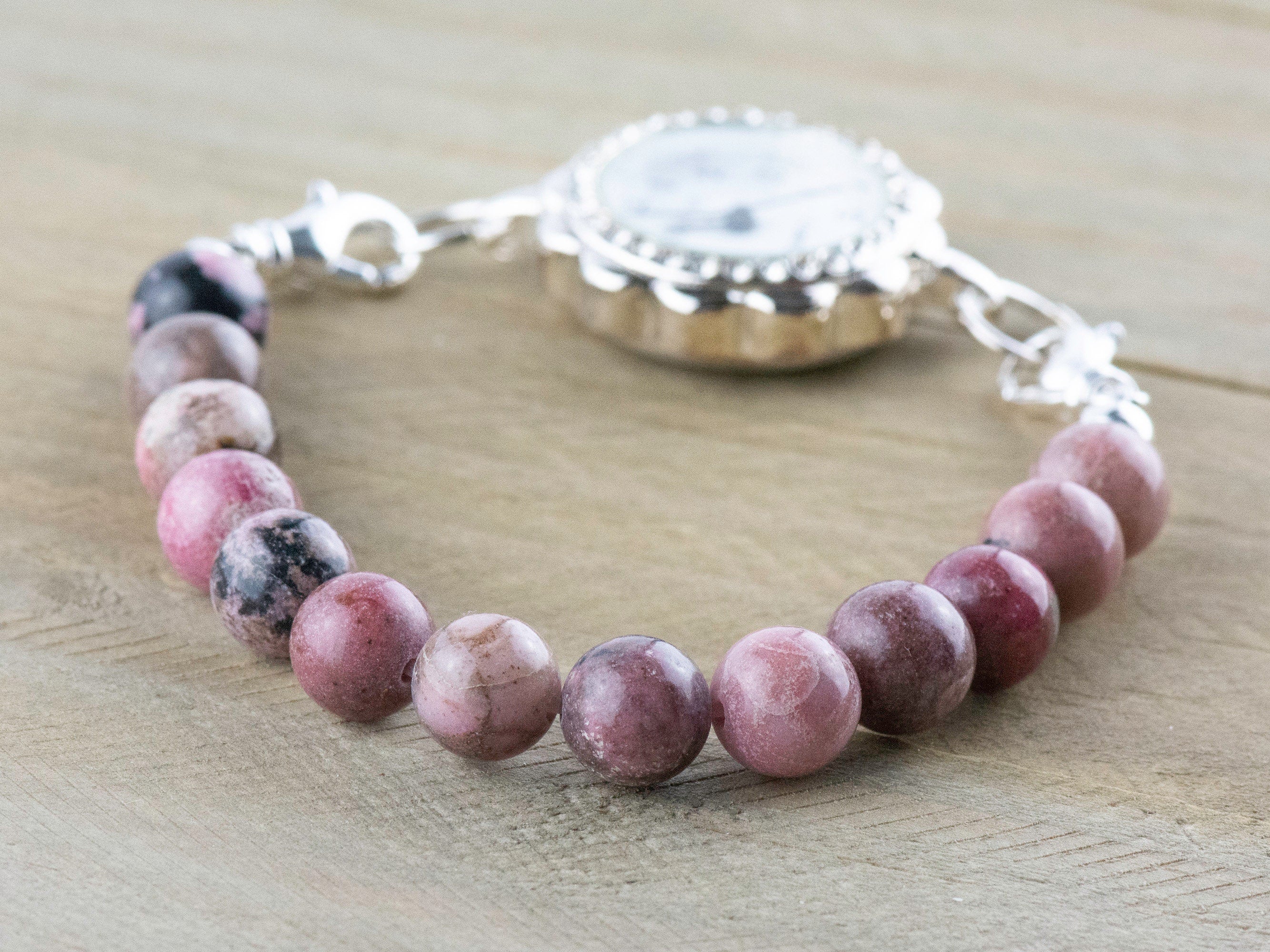 Rhodonite Stretch Beaded Watch Band, Medical Alert Bracelet, Single Strand, Interchangeable, Handmade Jewelry
