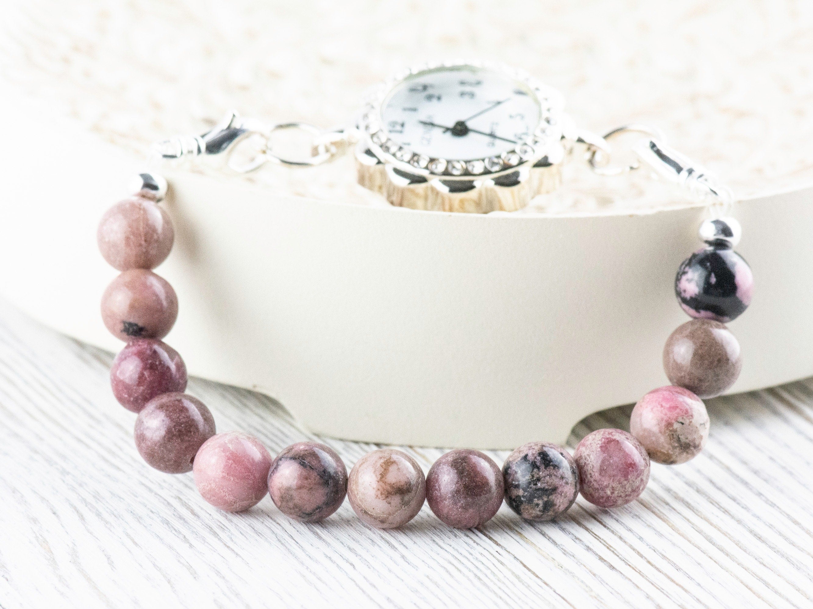 Rhodonite Stretch Beaded Watch Band, Medical Alert Bracelet, Single Strand, Interchangeable, Handmade Jewelry