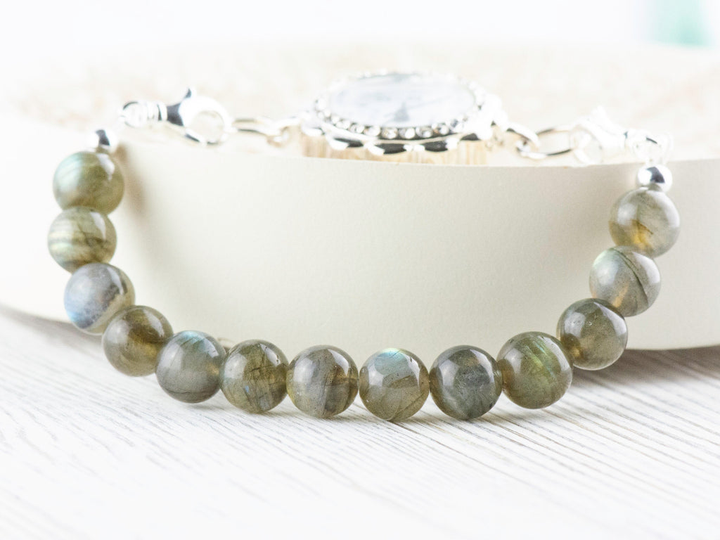 Labradorite Stretch Beaded Watch Band, Medical Alert Bracelet, Single Strand, Interchangeable, Handmade Jewelry