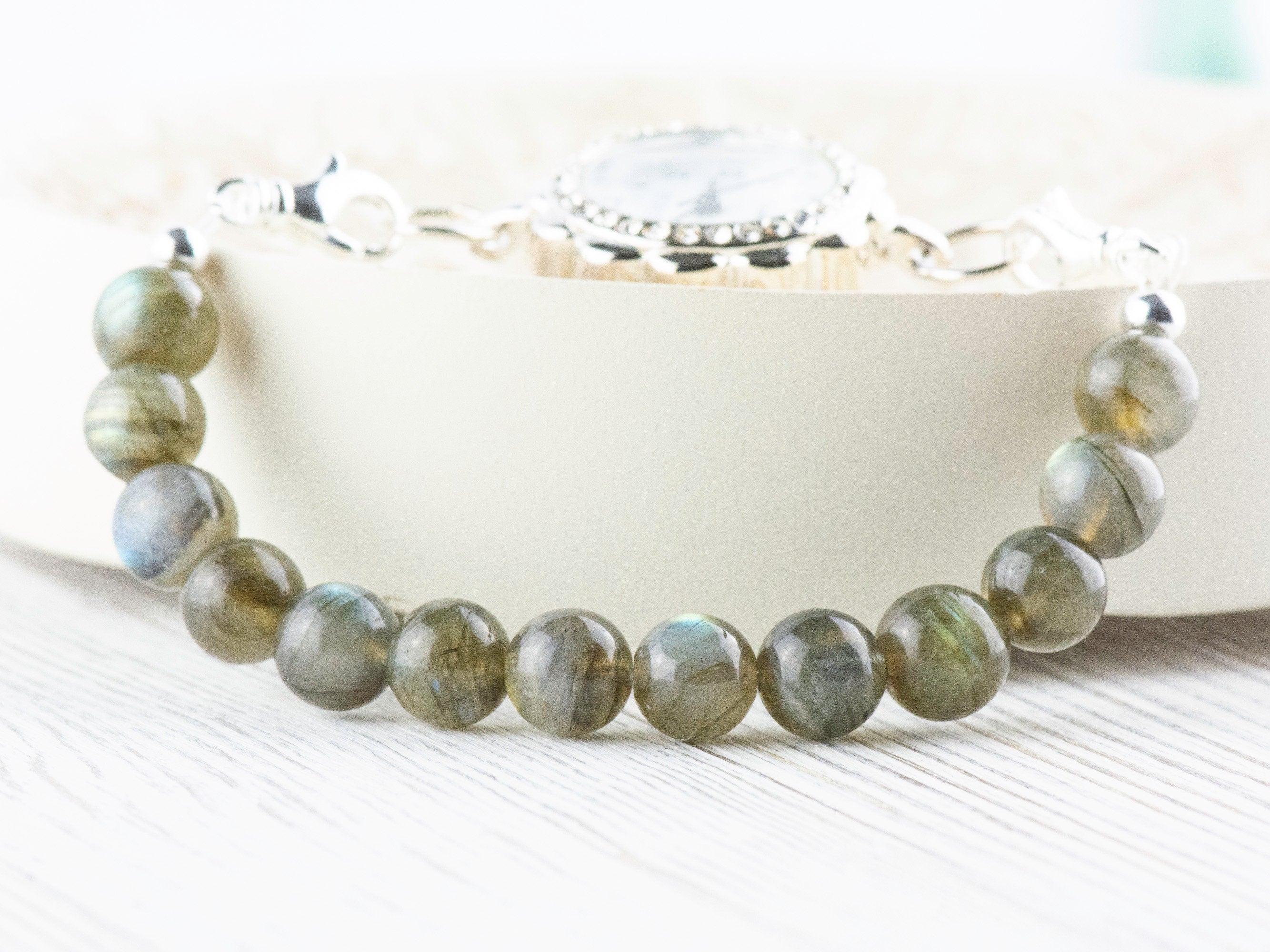 Labradorite Stretch Beaded Watch Band, Medical Alert Bracelet, Single Strand, Interchangeable, Handmade Jewelry
