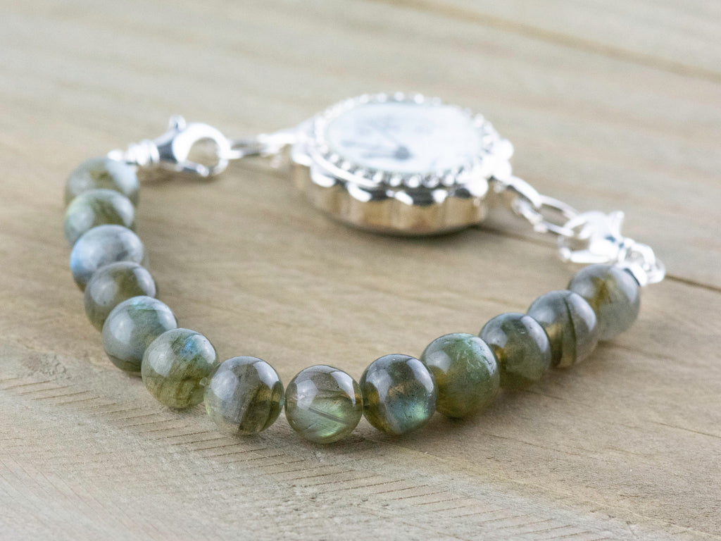 Labradorite Stretch Beaded Watch Band, Medical Alert Bracelet, Single Strand, Interchangeable, Handmade Jewelry