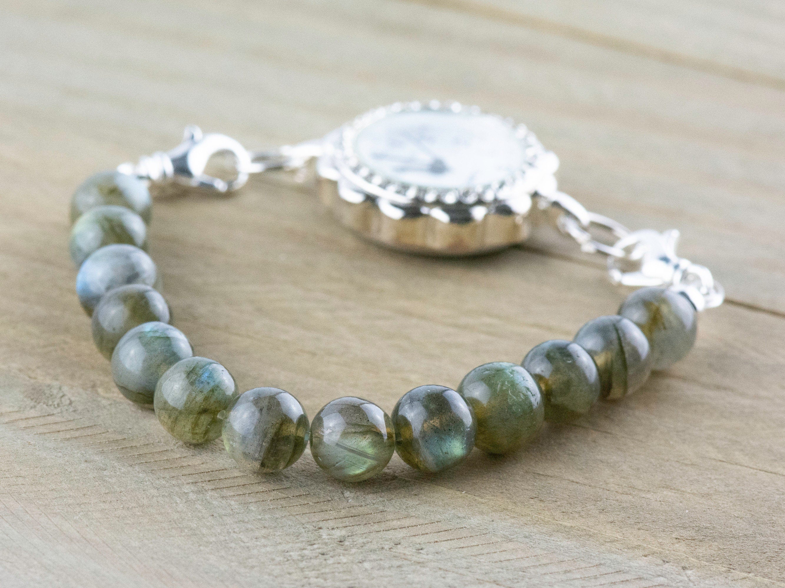 Labradorite Stretch Beaded Watch Band, Medical Alert Bracelet, Single Strand, Interchangeable, Handmade Jewelry
