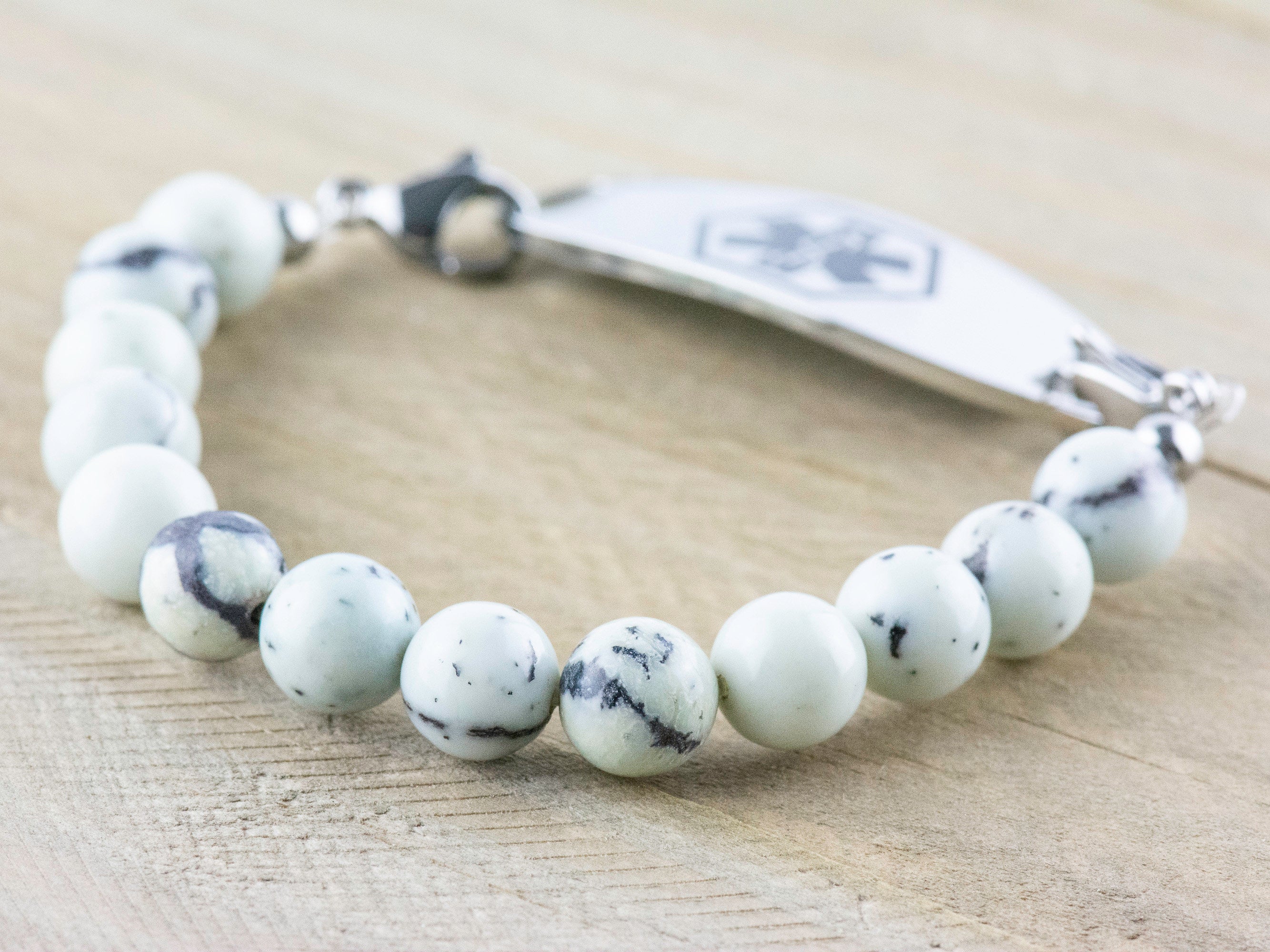 Dendritic Jasper Stretch Beaded Watch Band, Medical Alert Bracelet, Single Strand, Interchangeable, Handmade Jewelry