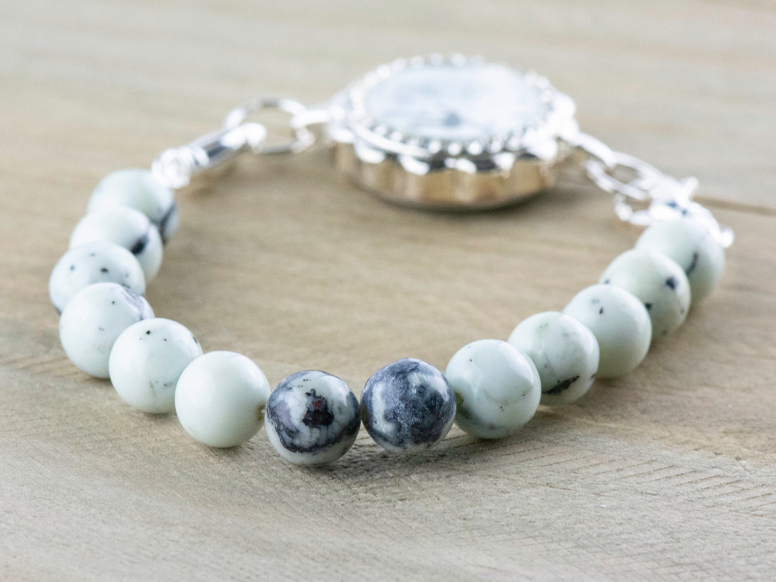 Dendritic Jasper Stretch Beaded Watch Band, Medical Alert Bracelet, Single Strand, Interchangeable, Handmade Jewelry