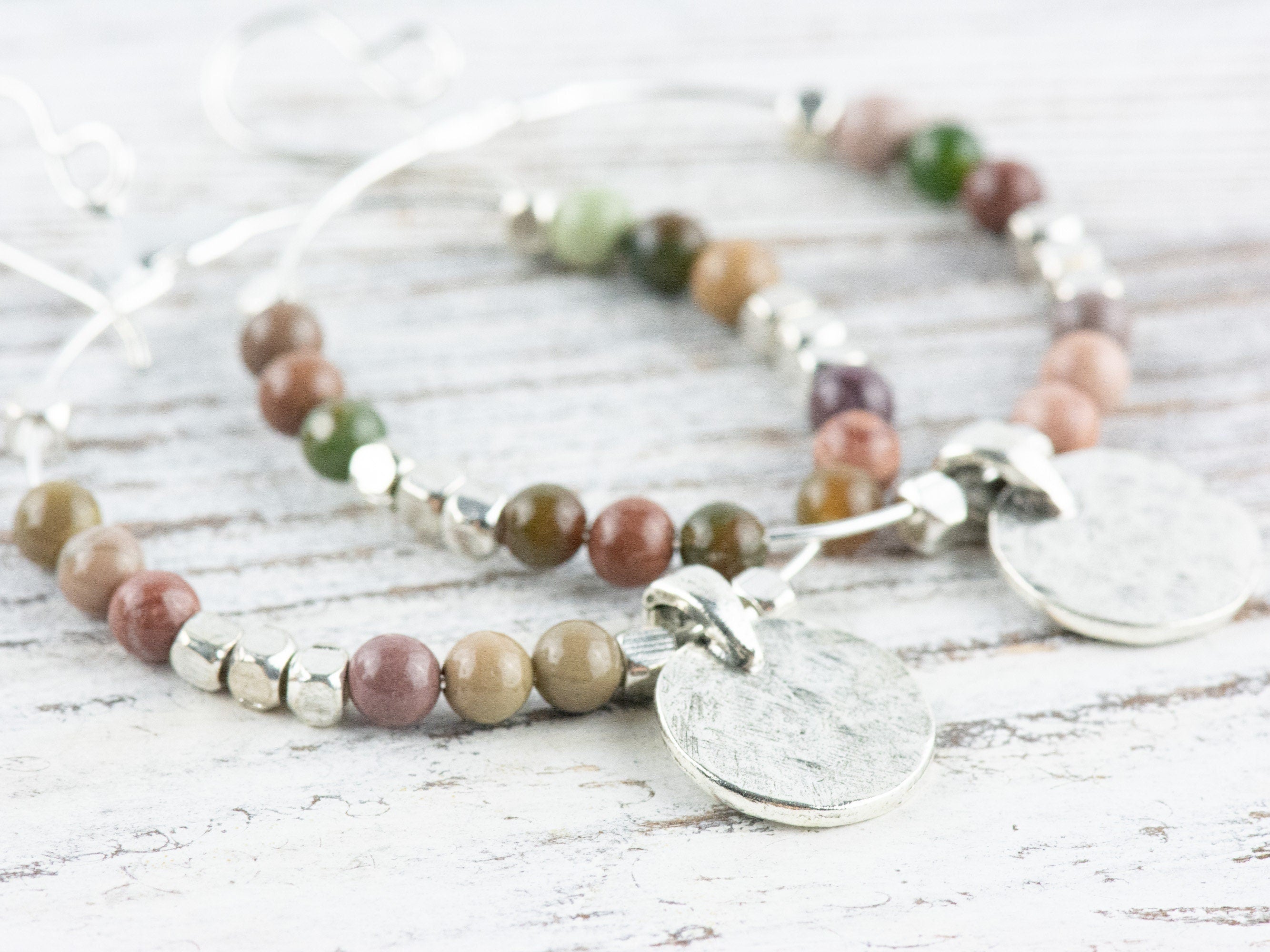 Imperial Jasper Silver Coin Hoop Earrings • Gemstone Jewelry • Boho Dangle Earrings • Jewelry Gift for Her