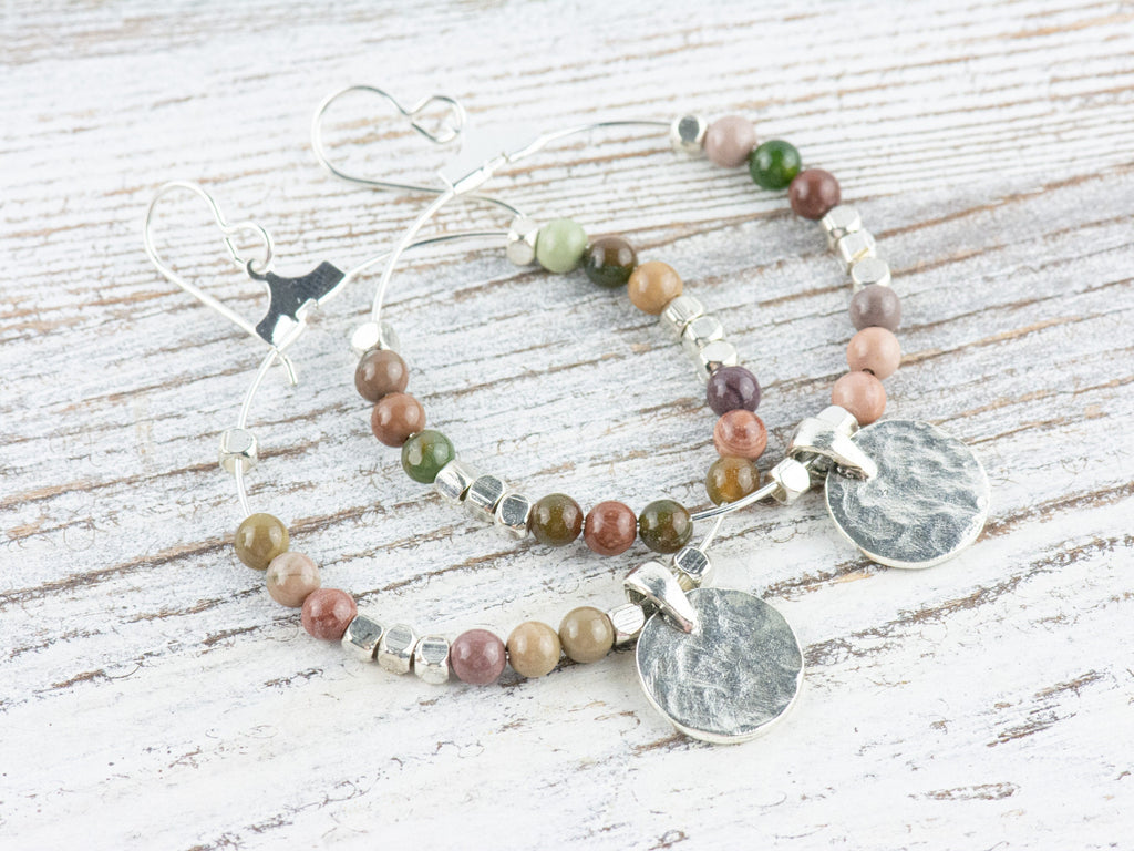 Imperial Jasper Silver Coin Hoop Earrings • Gemstone Jewelry • Boho Dangle Earrings • Jewelry Gift for Her