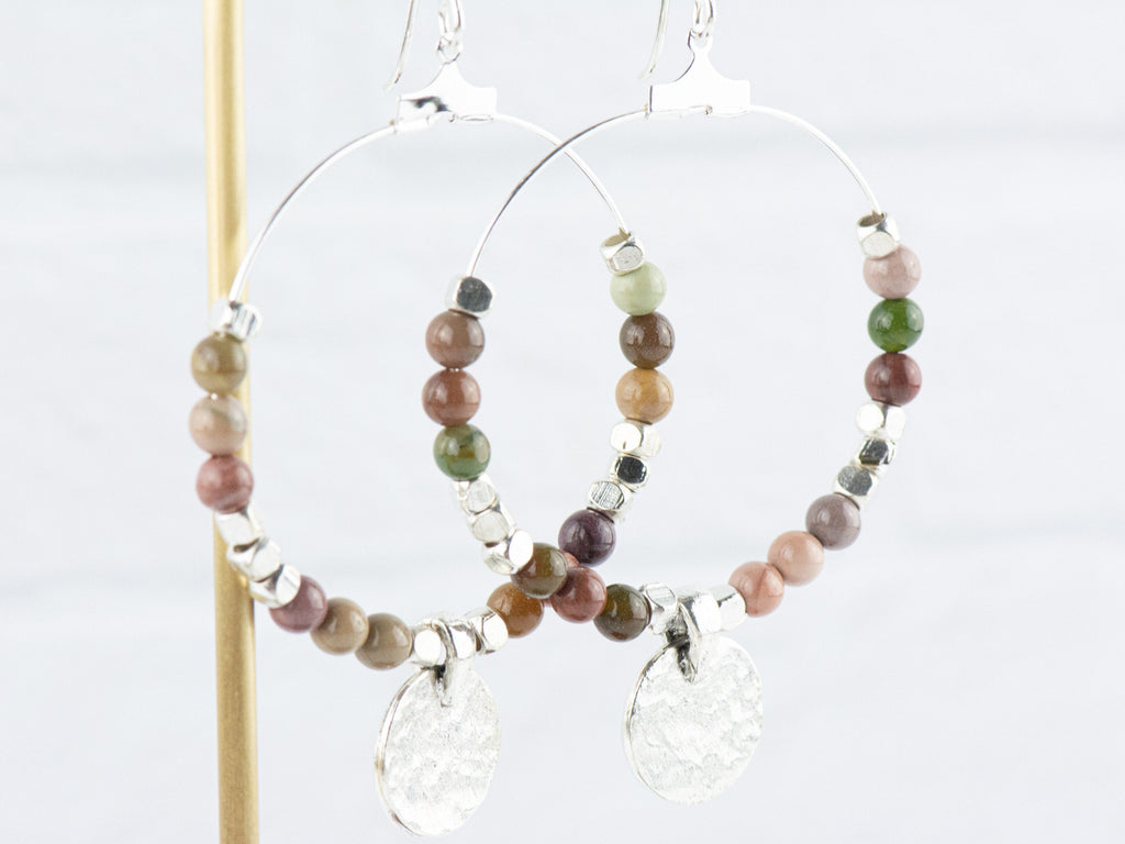 Imperial Jasper Silver Coin Hoop Earrings • Gemstone Jewelry • Boho Dangle Earrings • Jewelry Gift for Her