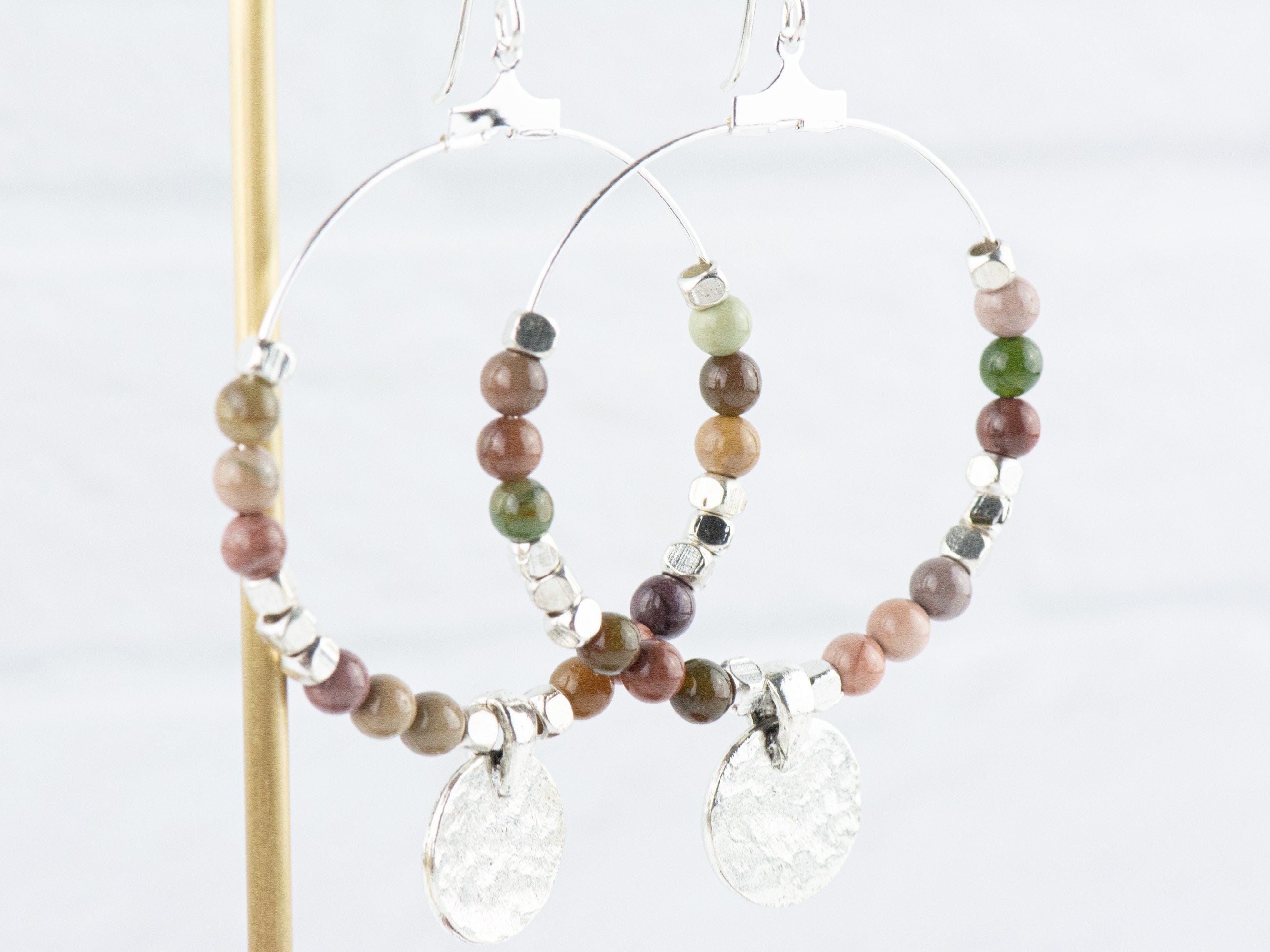 Imperial Jasper Silver Coin Hoop Earrings • Gemstone Jewelry • Boho Dangle Earrings • Jewelry Gift for Her