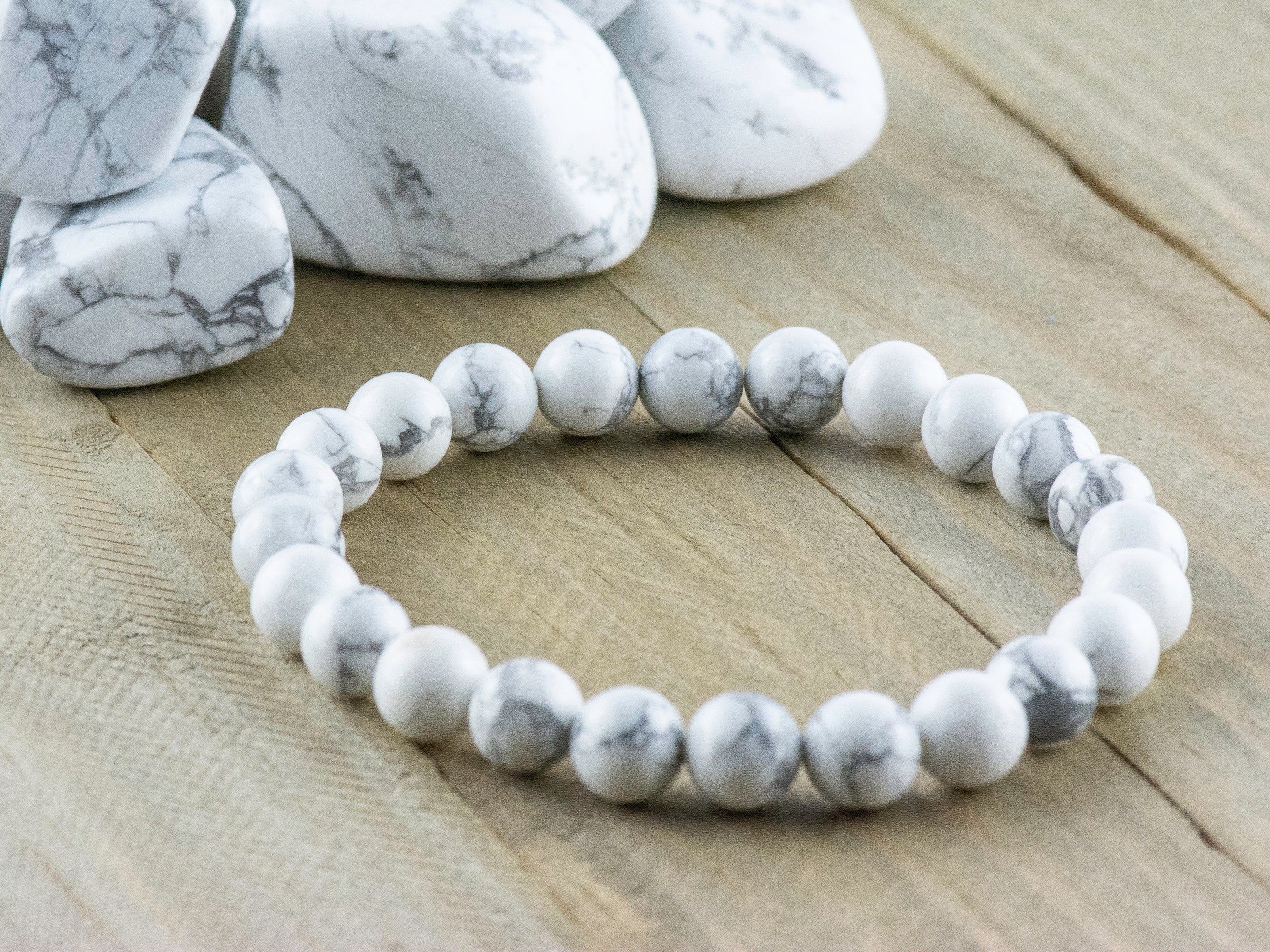White Howlite Smooth Round Beaded Stretch Bracelet, Simple Unisex Semi-Precious Stone Jewelry, Handmade Natural Gemstone Fashion Accessories