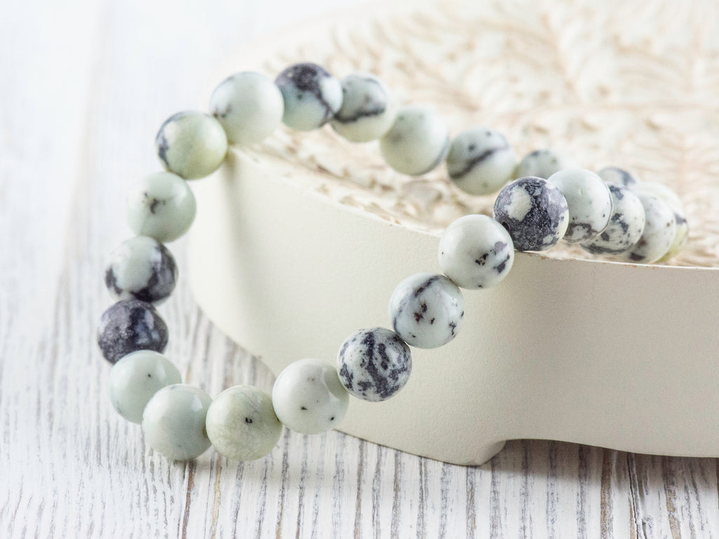 Dendritic Jasper Smooth Round Beaded Stretch Bracelet, Unisex Semi-Precious Stone Jewelry, Handmade Natural Gemstone Fashion Accessories