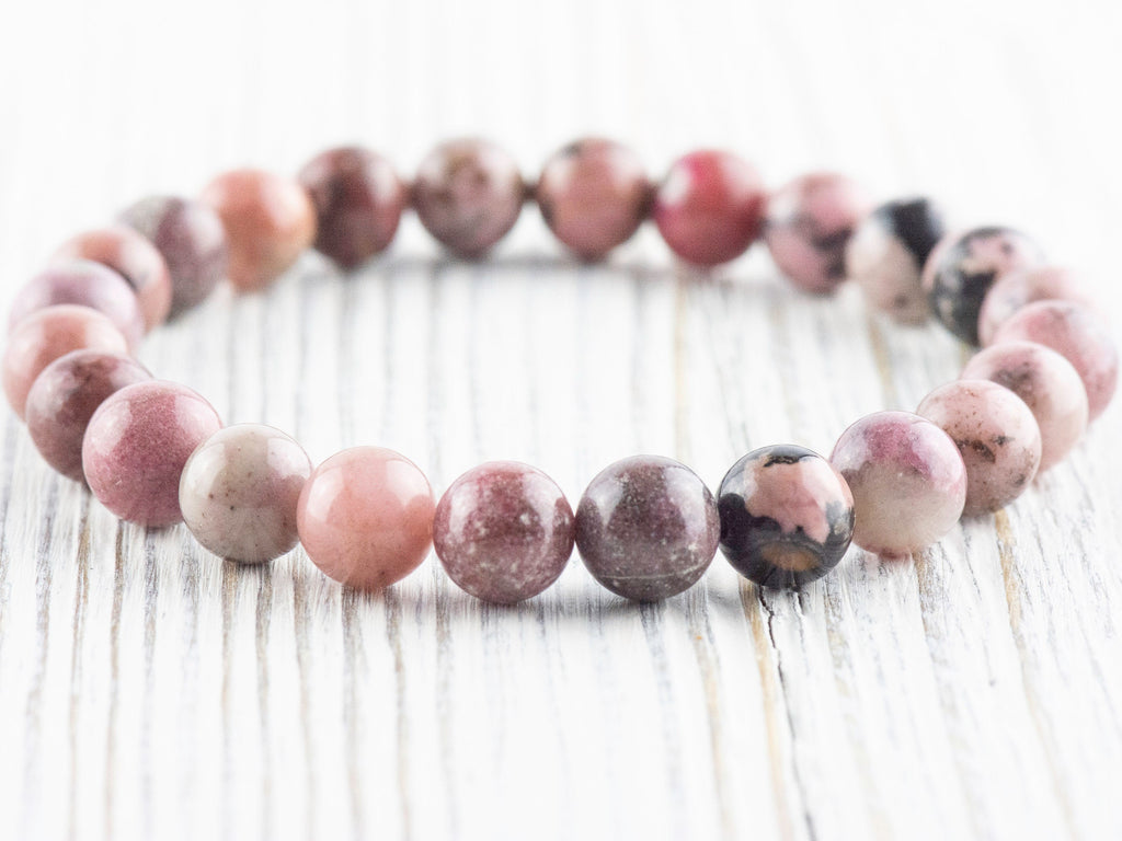 Rhodonite Smooth Round Beaded Stretch Bracelet, Simple Unisex Semi-Precious Stone Jewelry, Handmade Natural Gemstone Fashion Accessories
