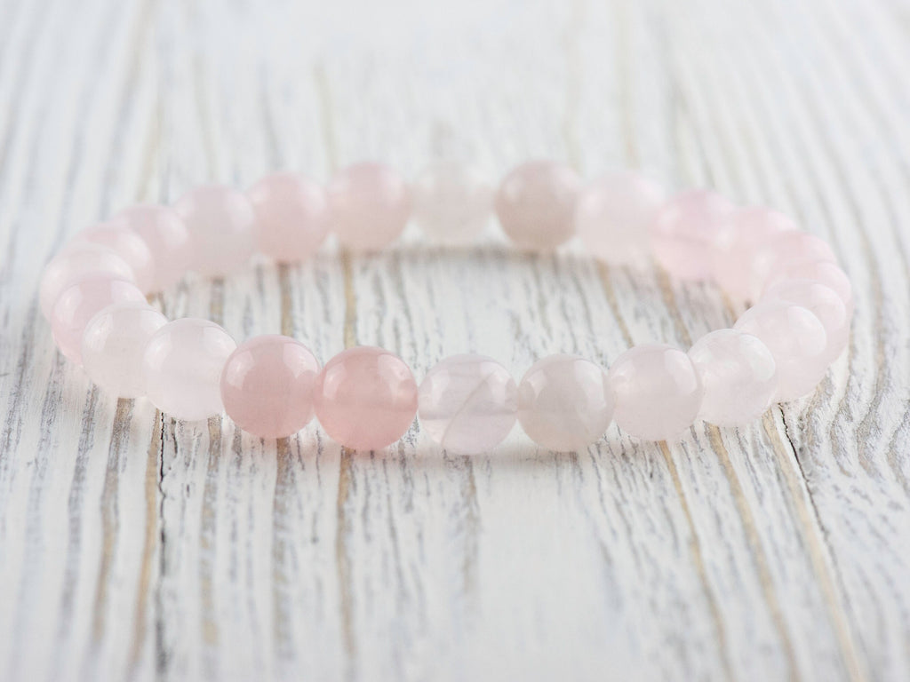 Rose Quartz Smooth Round Beaded Stretch Bracelet, Simple Unisex Semi-Precious Stone Jewelry, Handmade Natural Gemstone Fashion Accessories
